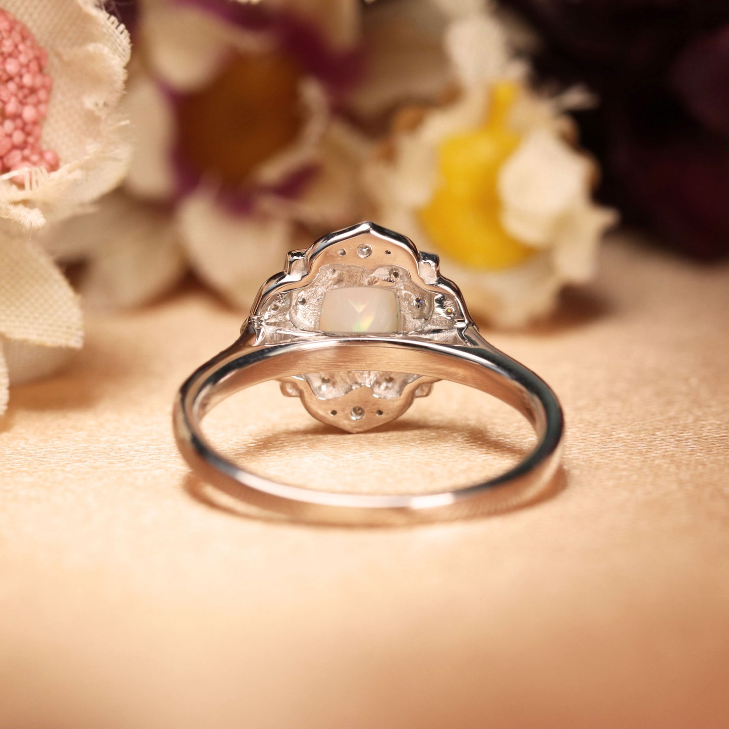 Vintage Floral 1.5 Carat Cushion Cut Fire Opal Engagement Ring in White Gold