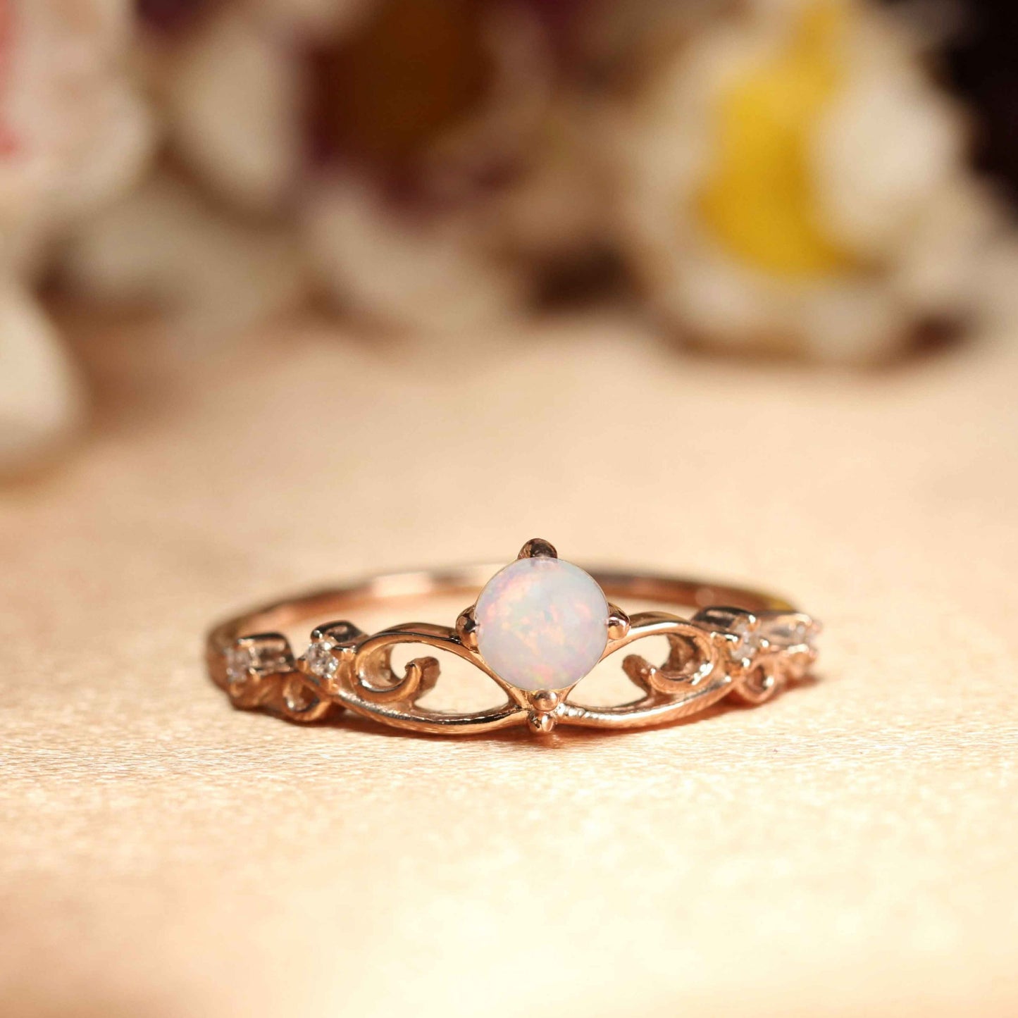 Sale 0.9 Carat Round Cut Opal with Diamond Dainty Tiara Wedding Ring for Women