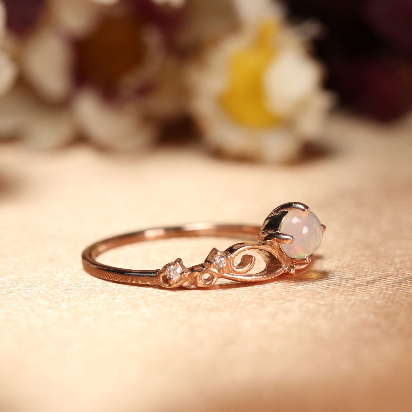 Sale 0.9 Carat Round Cut Opal with Diamond Dainty Tiara Wedding Ring for Women
