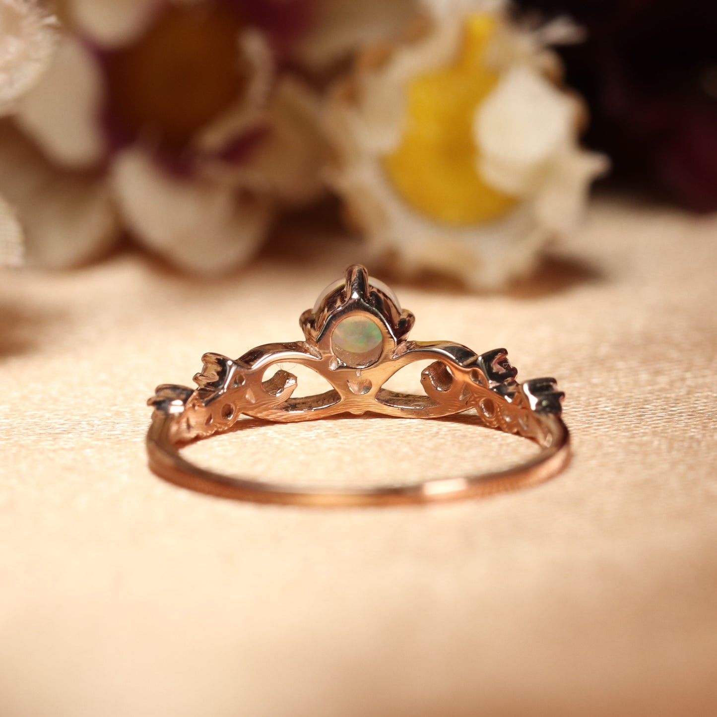 Sale 0.9 Carat Round Cut Opal with Diamond Dainty Tiara Wedding Ring for Women