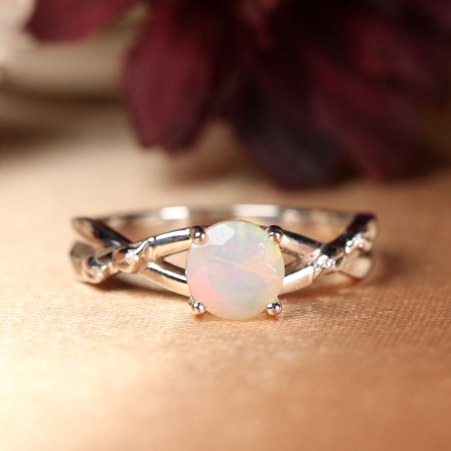 1 Carat Round Cut Fire Opal and Diamond Flush Set Twisted Shank Solitaire Ring in White Gold