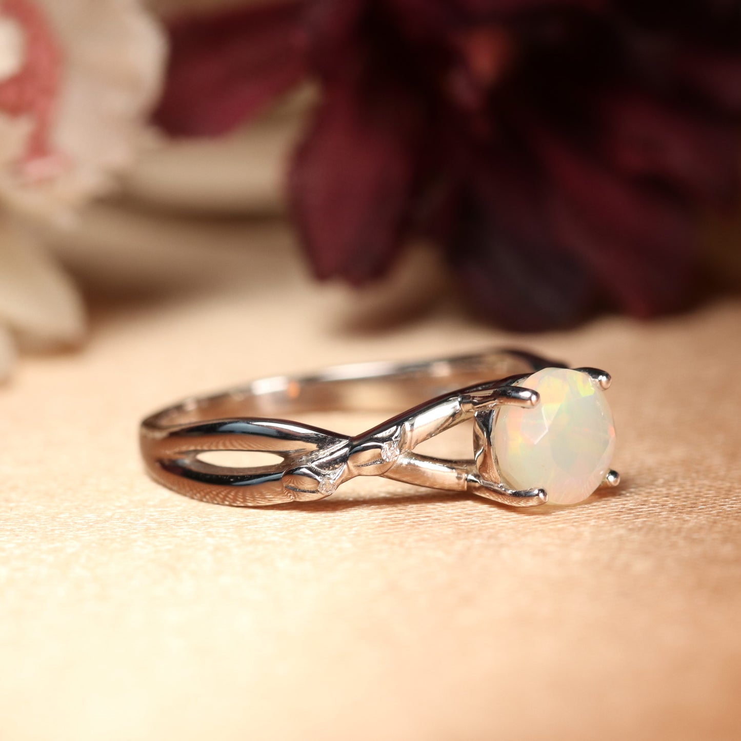 1 Carat Round Cut Fire Opal and Diamond Flush Set Twisted Shank Solitaire Ring in White Gold