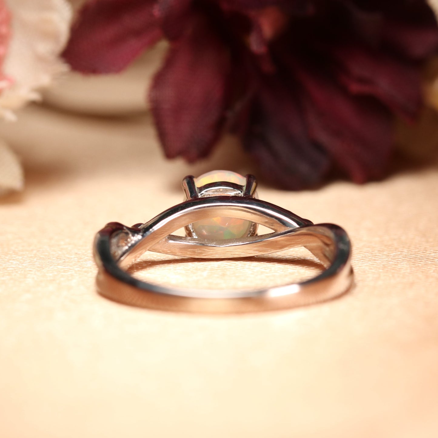 1 Carat Round Cut Fire Opal and Diamond Flush Set Twisted Shank Solitaire Ring in White Gold