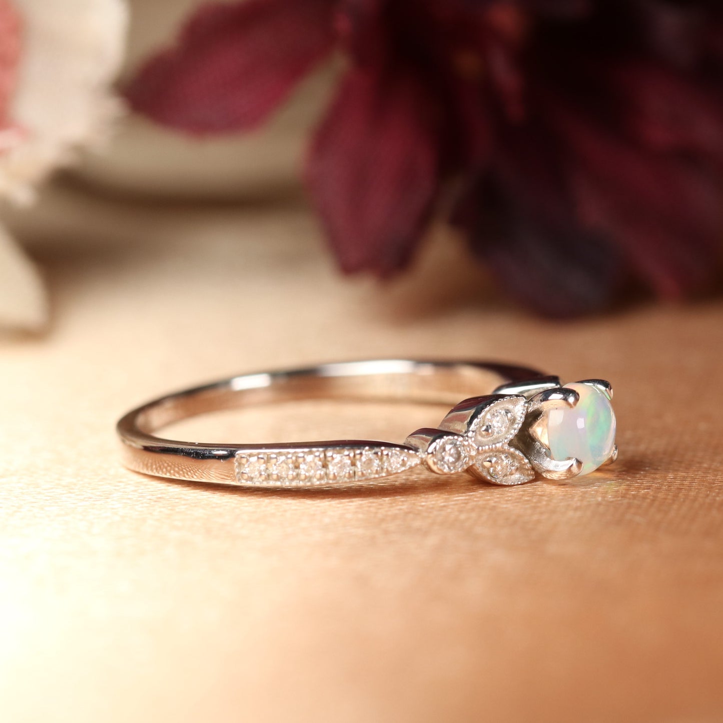 1.25 Carat Round Cut Fire Opal Nature-inspired Milgrain Engagement Ring in Gold