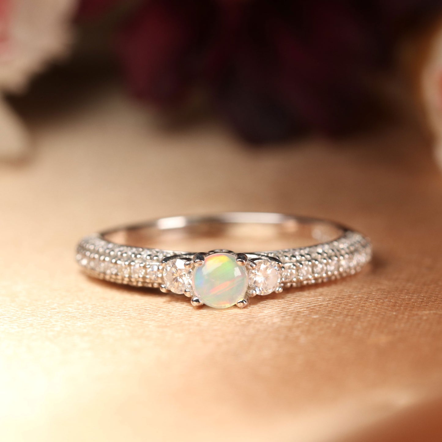 Three Stone 1.6 Carat Round Shaped Fire Opal and Diamond Rounded Pave Engraved Ring for Women in White Gold