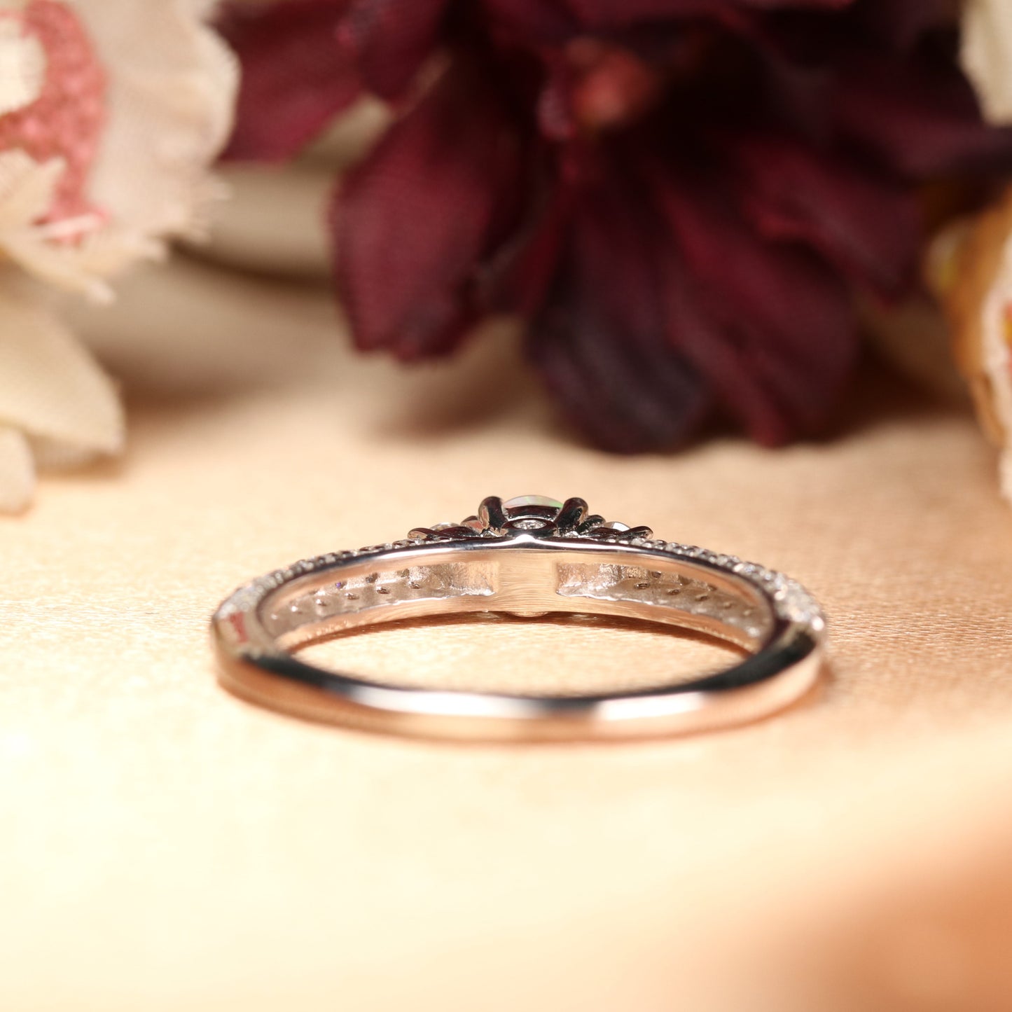 Three Stone 1.6 Carat Round Shaped Fire Opal and Diamond Rounded Pave Engraved Ring for Women in White Gold