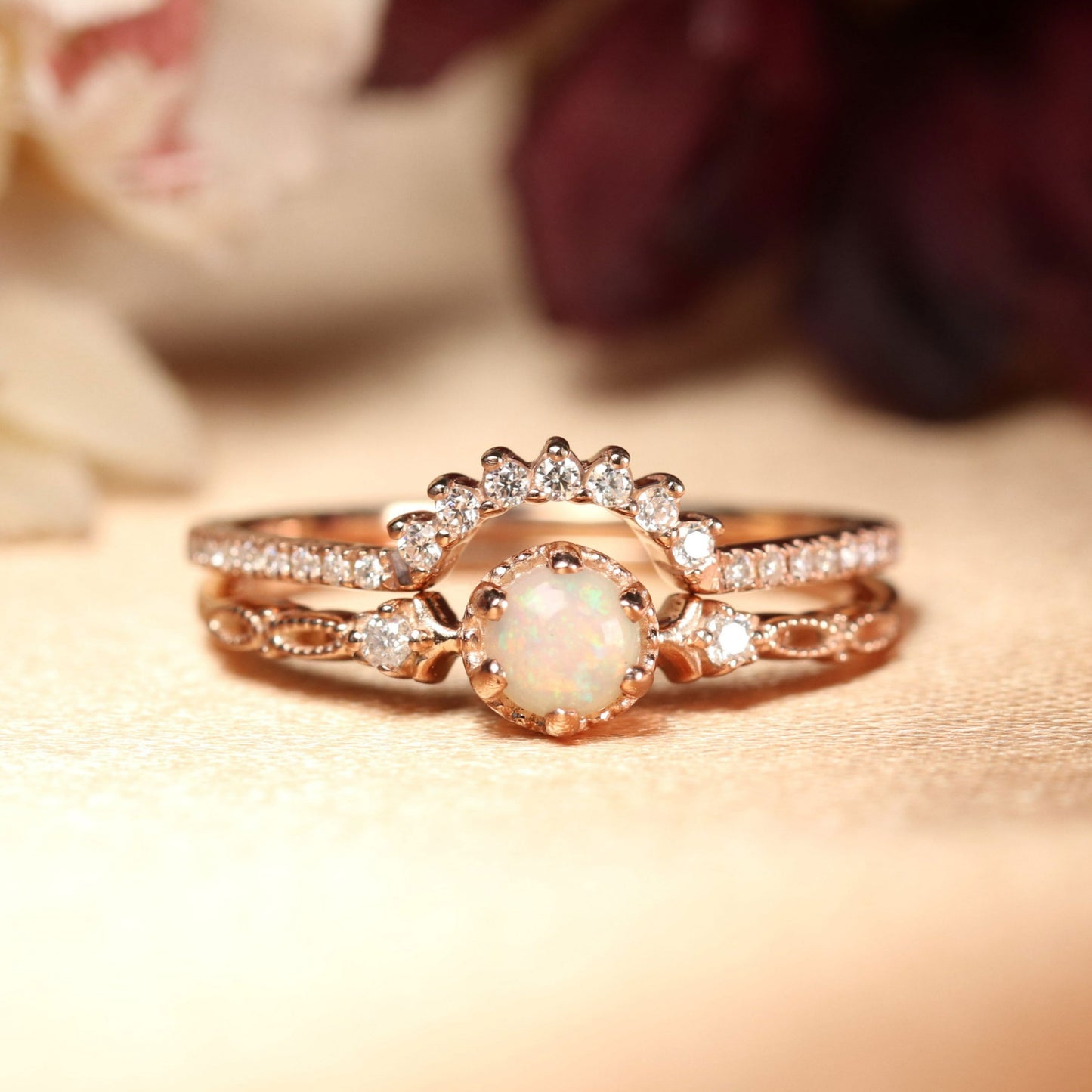 New Design 1.1 Carat Round Cut Fire Opal and Diamond Open Cut Milgrain Bridal Ring Set in Gold