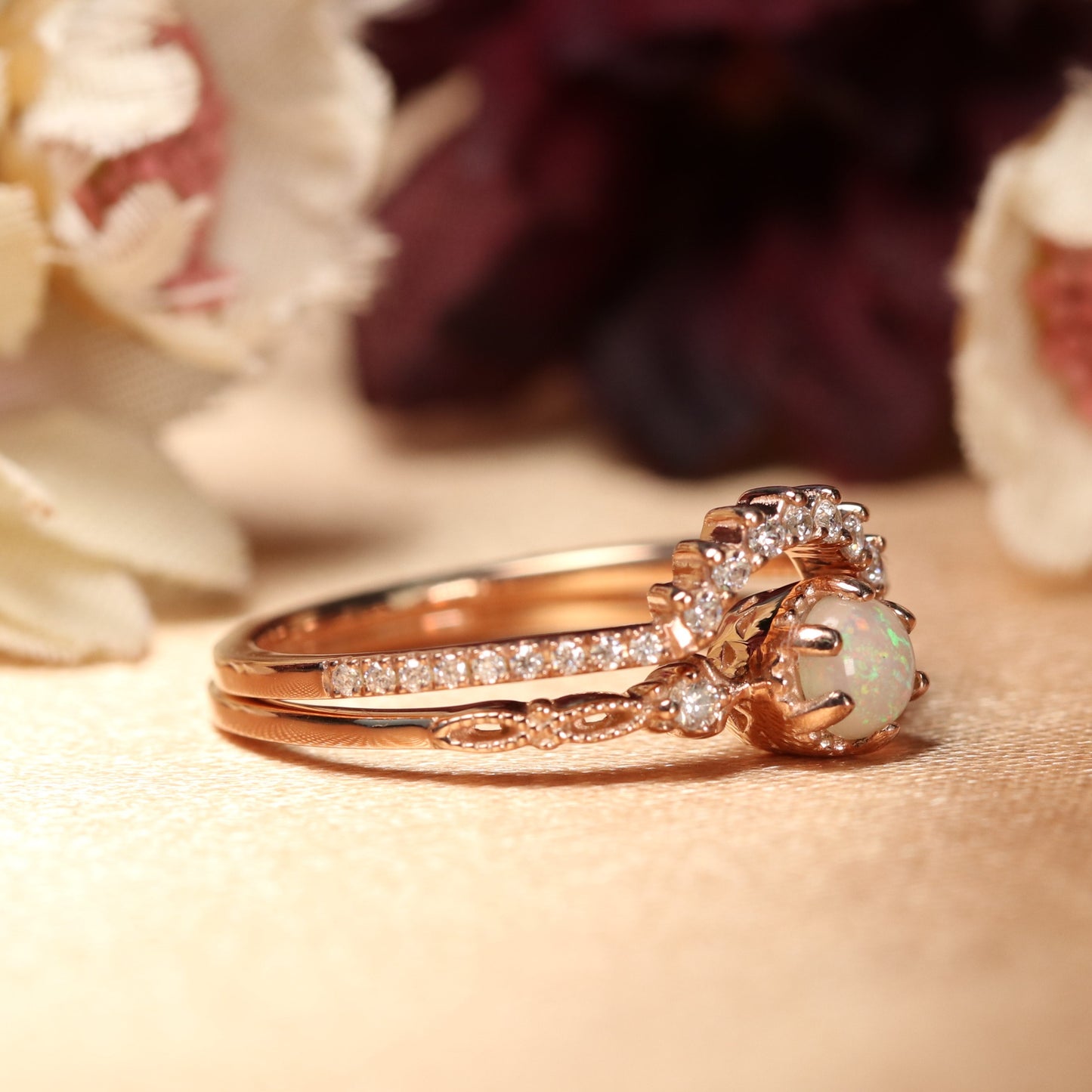 New Design 1.1 Carat Round Cut Fire Opal and Diamond Open Cut Milgrain Bridal Ring Set in Gold
