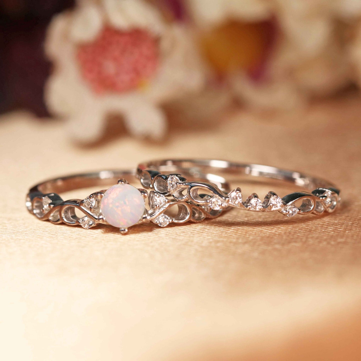 Unique 1.10 Carat Round Cut Fire Opal Open Cut Filigree Wedding Ring Set with Matching Scrollwork Wedding Band