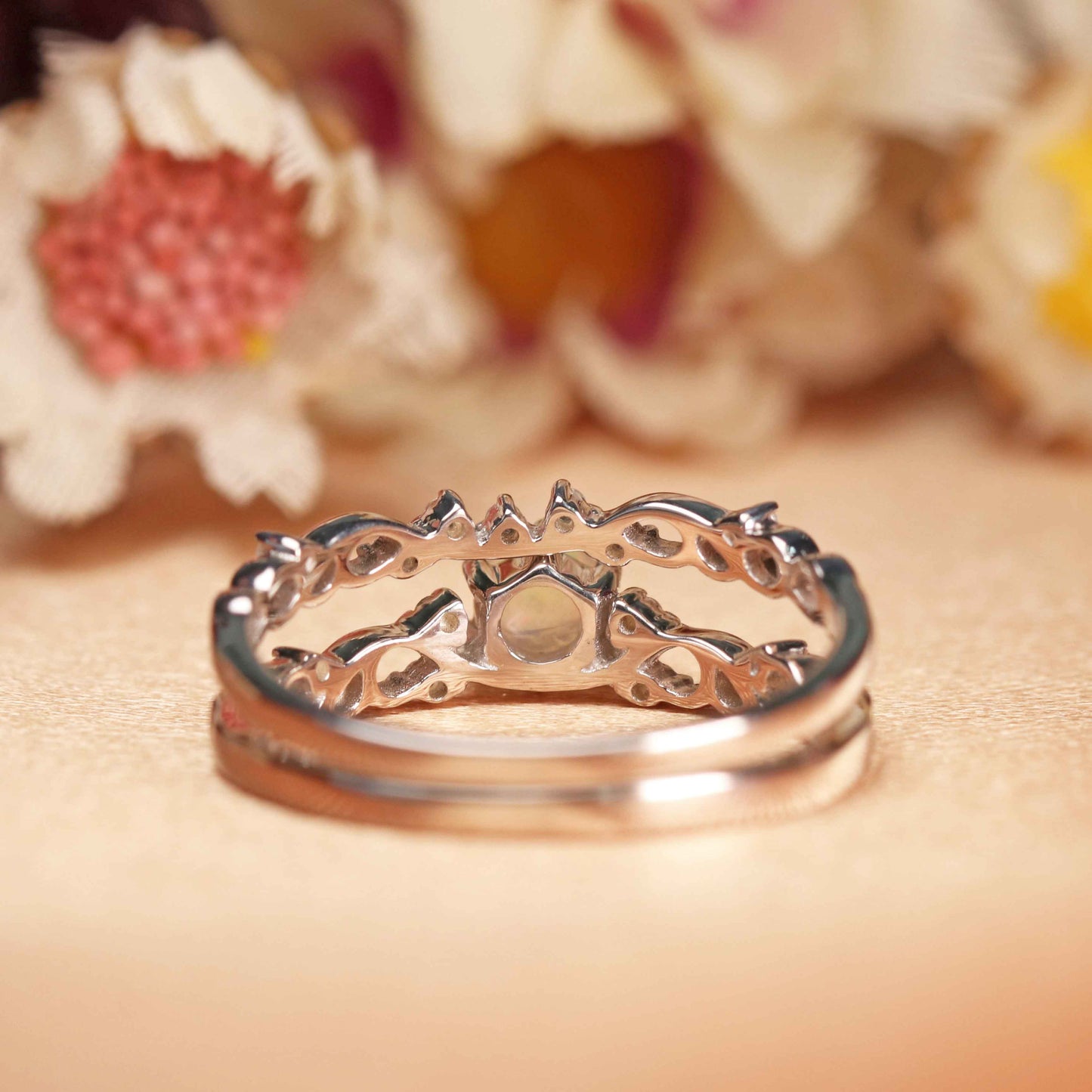 Unique 1.10 Carat Round Cut Fire Opal Open Cut Filigree Wedding Ring Set with Matching Scrollwork Wedding Band
