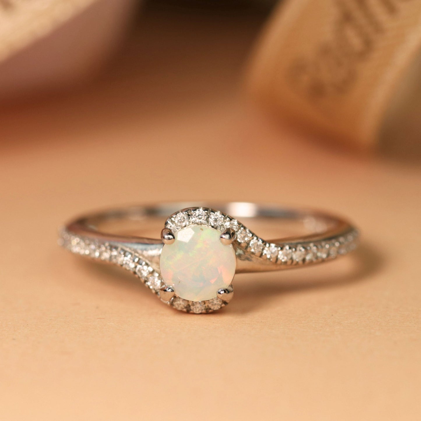 Overlap 1.2 Carat Round Shaped Fire Opal and Diamond Swirl Band Ring in White Gold