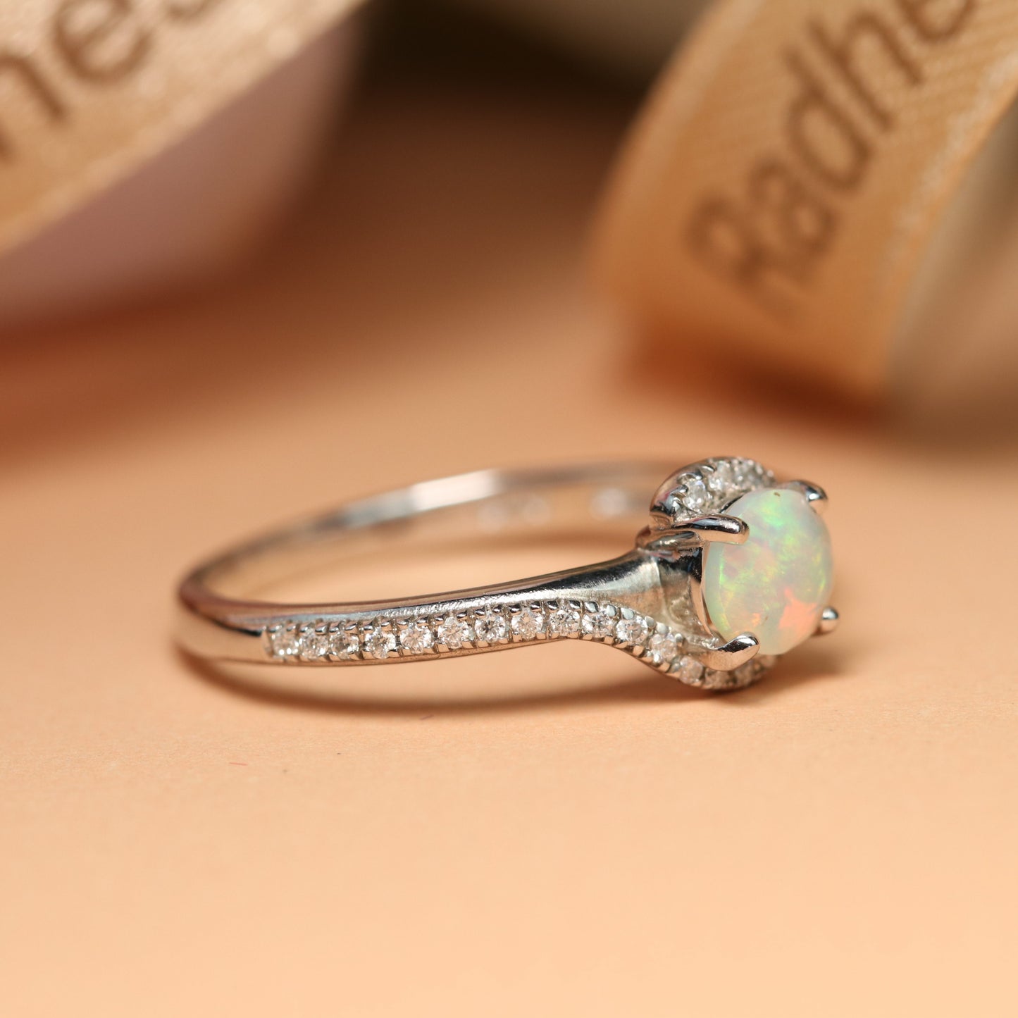 Overlap 1.2 Carat Round Shaped Fire Opal and Diamond Swirl Band Ring in White Gold