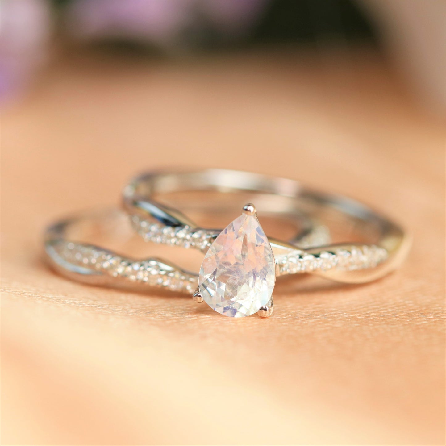 Twisted Infinity 1.5 carat Pear Shape Rainbow Moonstone Engagement Ring Set in Gold