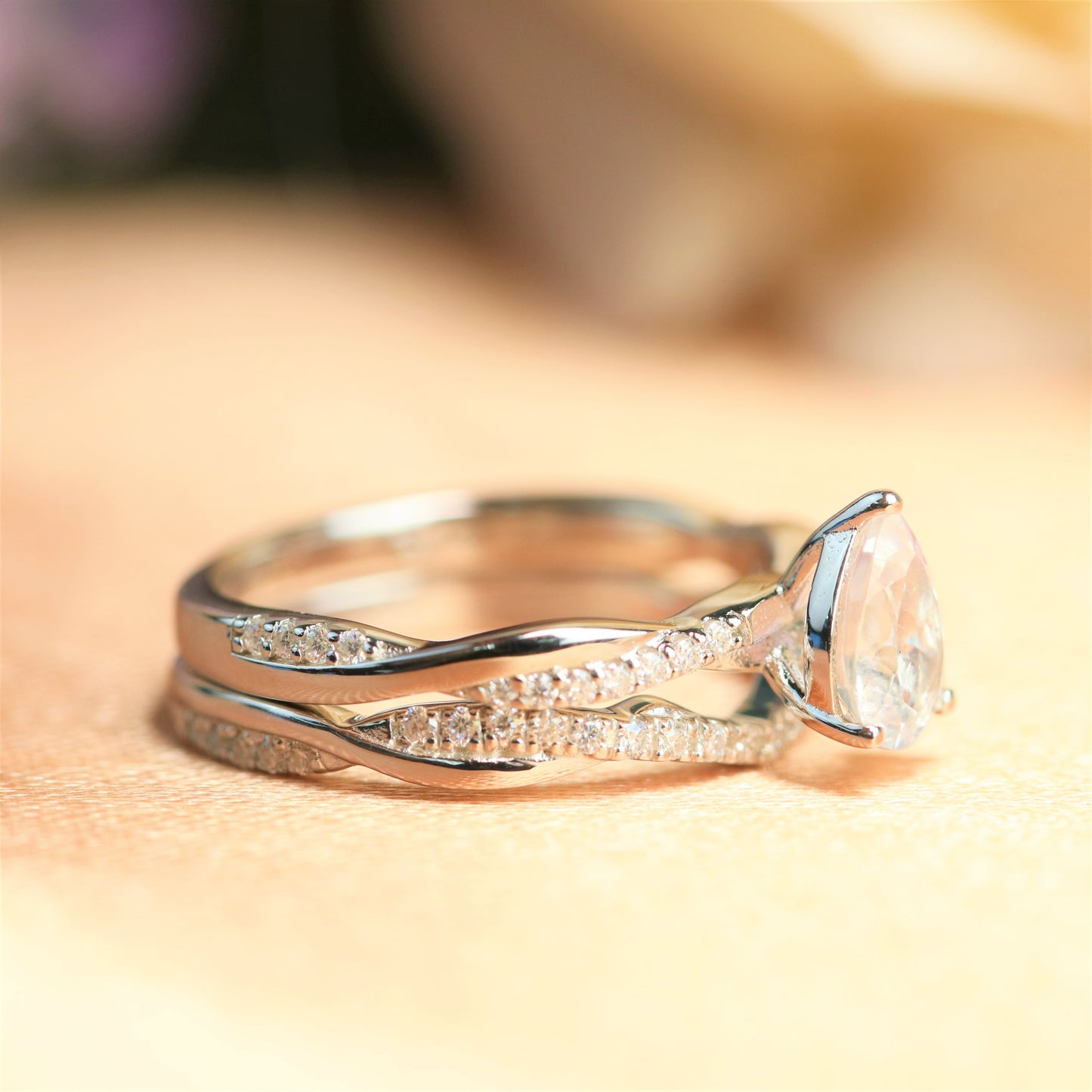 Twisted Infinity 1.5 carat Pear Shape Rainbow Moonstone Engagement Ring Set in Gold