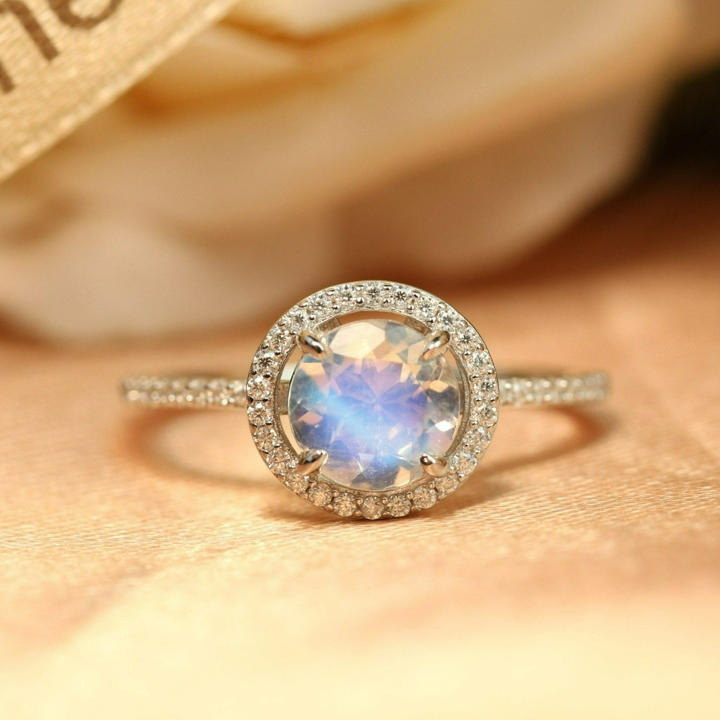 Halo 1.5 carat Round Cut Rainbow Moonstone Classic Design Ring in White Gold