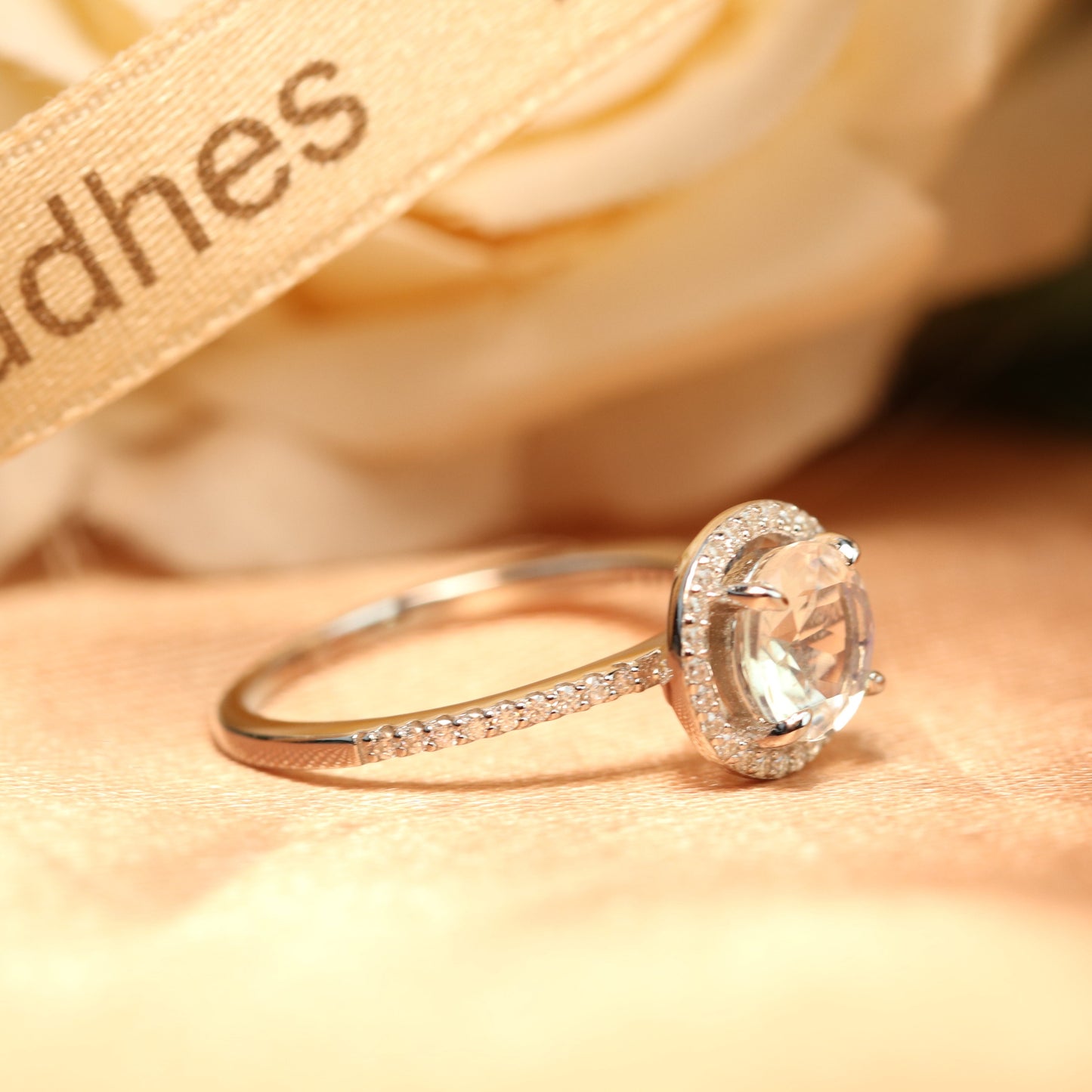 Halo 1.5 carat Round Cut Rainbow Moonstone Classic Design Ring in White Gold