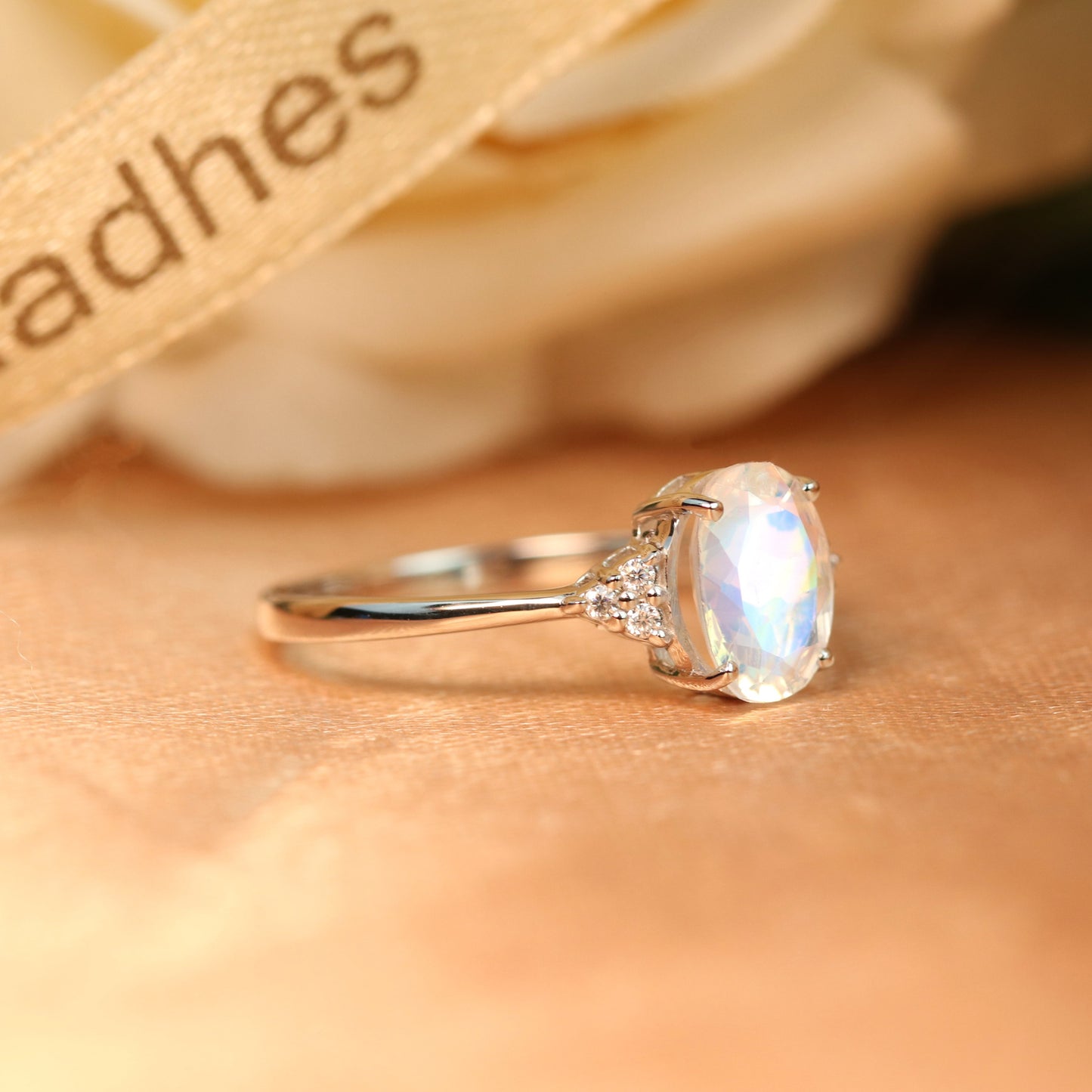 Classic 7 Stone 1.1 carat Rainbow Moonstone Ring in White Gold