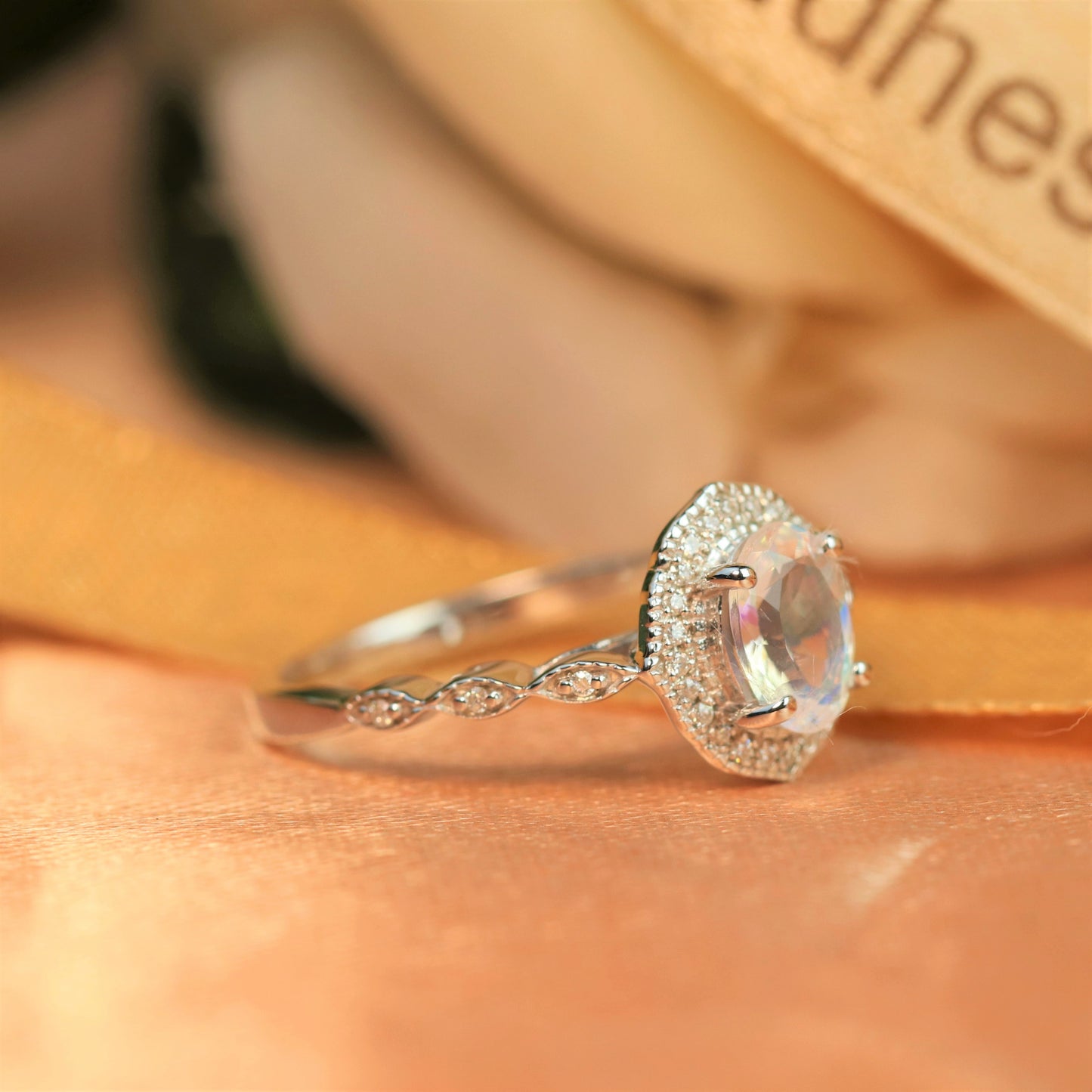 Antique Vintage 1.5 carat Oval Cut Rainbow Moonstone Halo Ring in White Gold