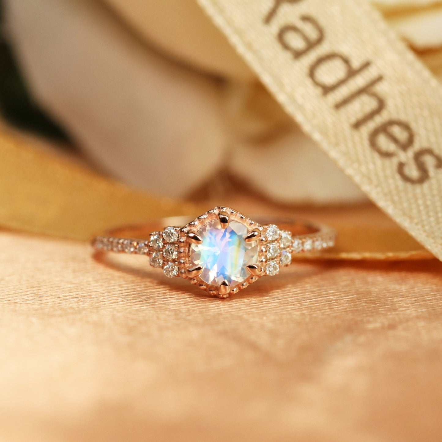 Unique Hexagon 1.3 carat Round rainbow Moonstone Engagement Wedding Ring in Rose Gold