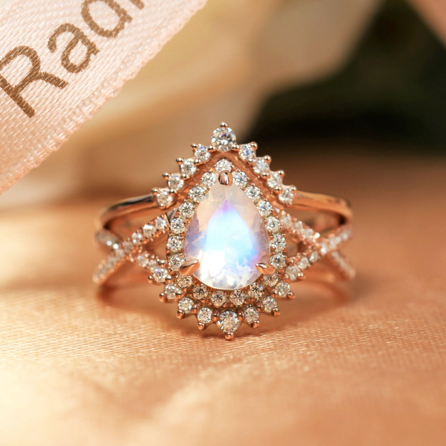 1.75 carat pear shape tear drop Moonstone Wedding Bridal Ring Set in Rose Gold
