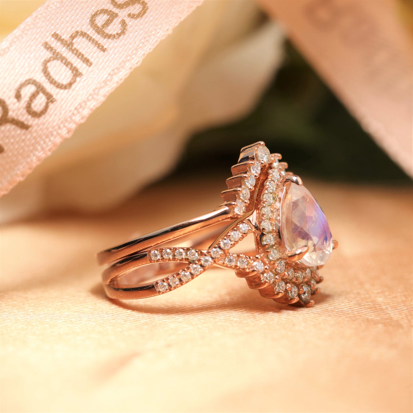 1.75 carat pear shape tear drop Moonstone Wedding Bridal Ring Set in Rose Gold