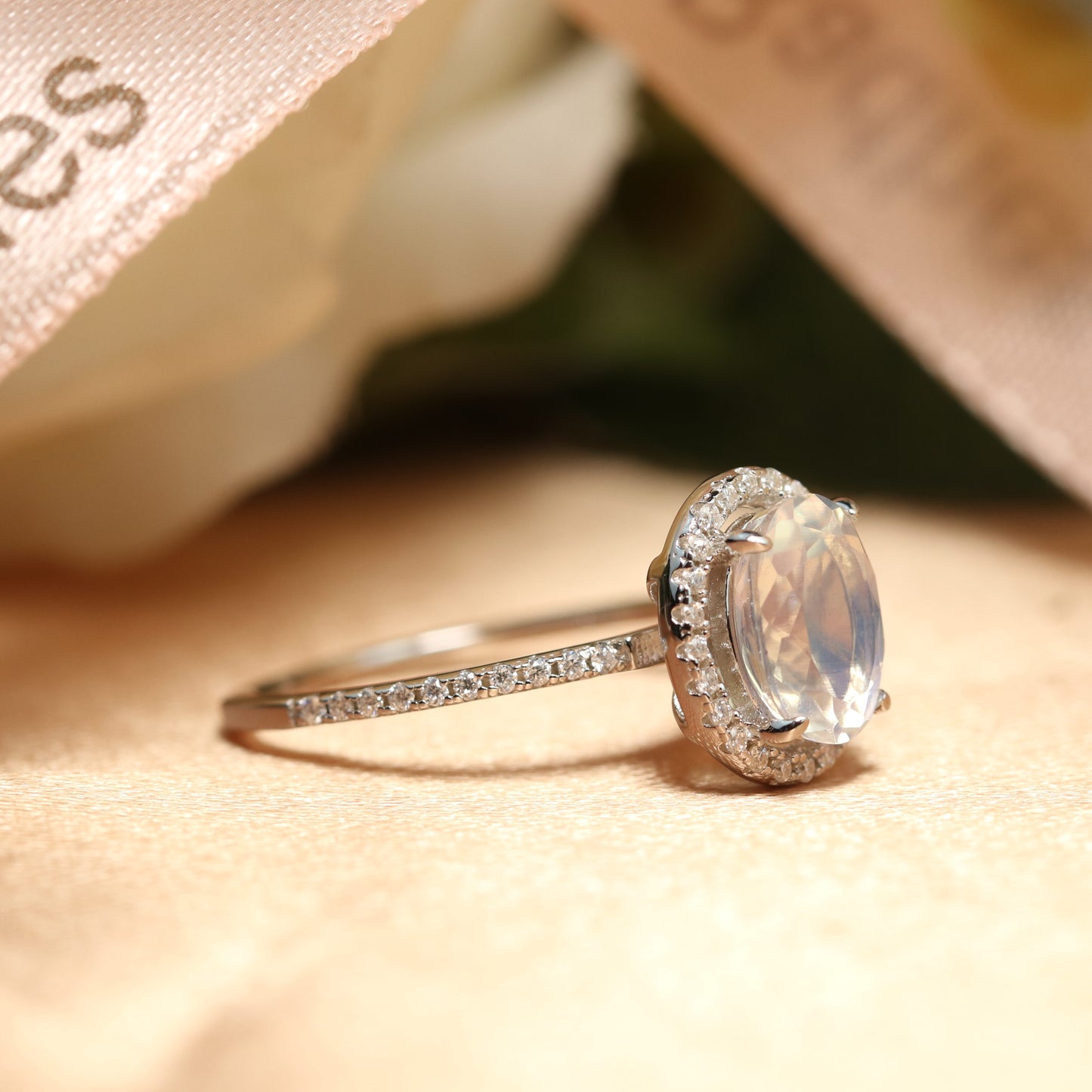 Classic 1.5 carat oval cut Moonstone Halo Wedding Engagement Ring with Diamonds on Sale