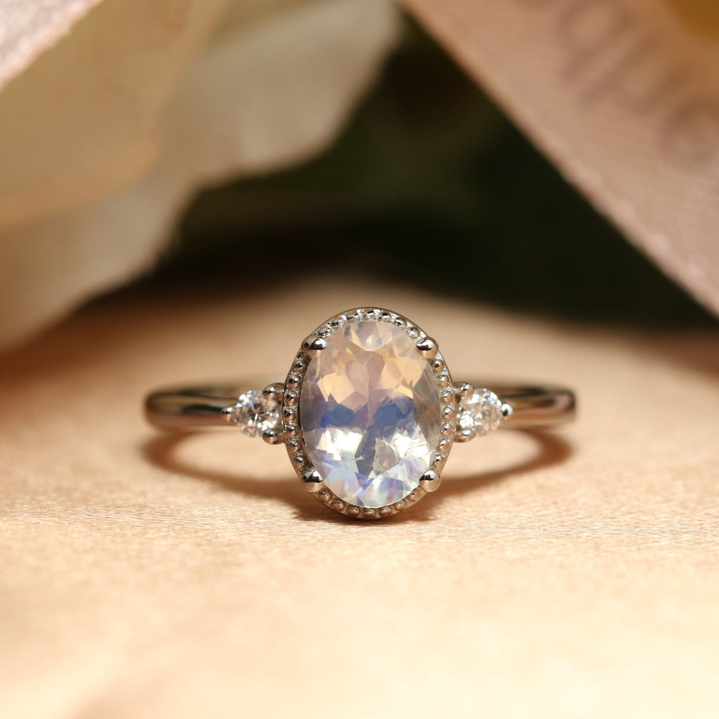 Trilogy Past Present and Future, 1.1 carat Oval cut rainbow Moonstone Engagement Ring in White Gold