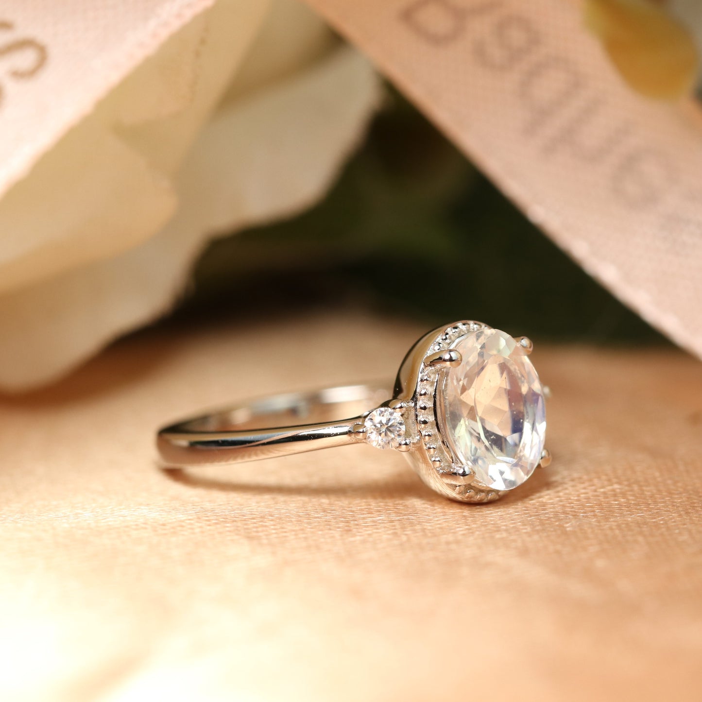 Trilogy Past Present and Future, 1.1 carat Oval cut rainbow Moonstone Engagement Ring in White Gold