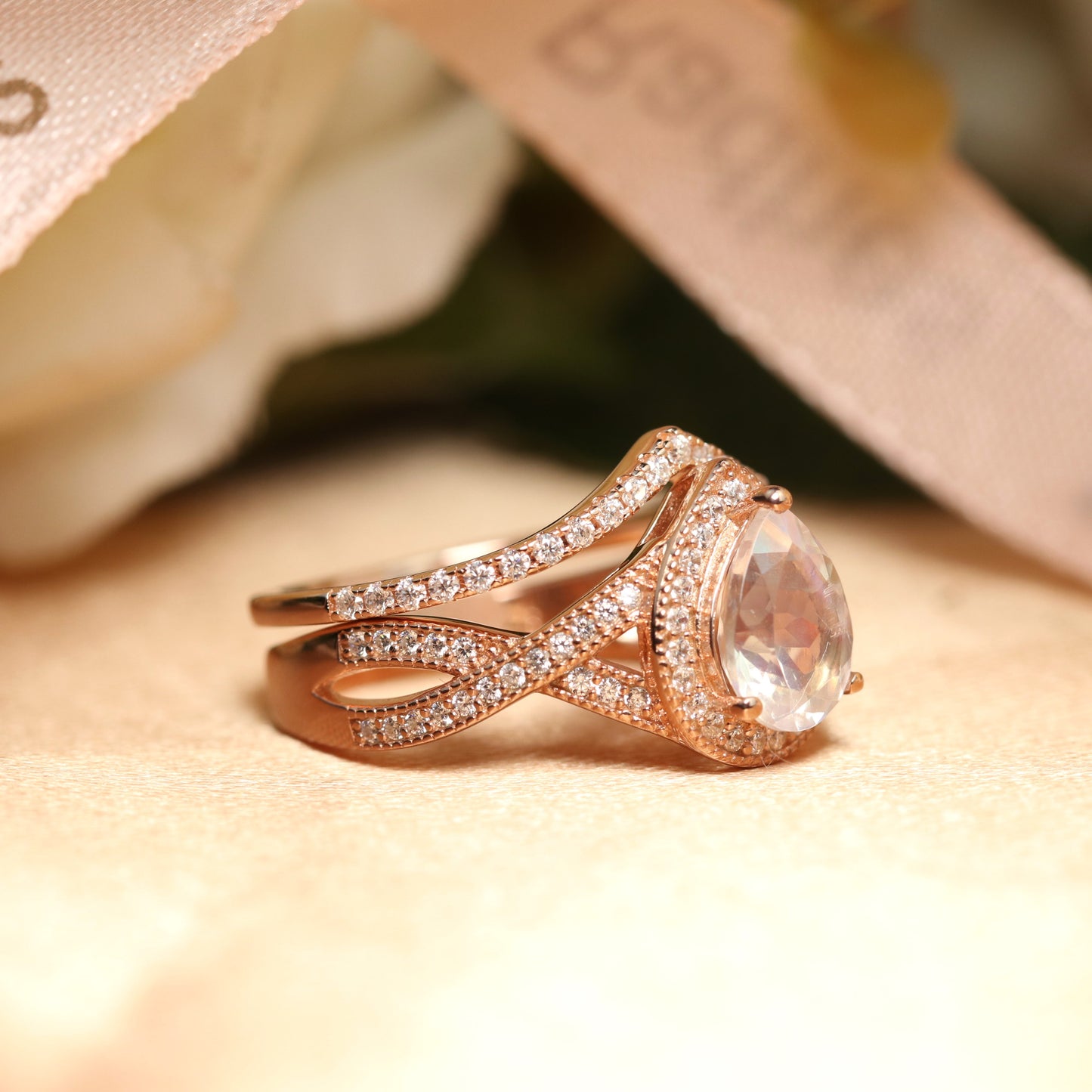 Huge 1.7 carat Natural rainbow Moonstone Halo Teardrop Vintage Chevron Wedding Ring Set with Diamond in Rose Gold