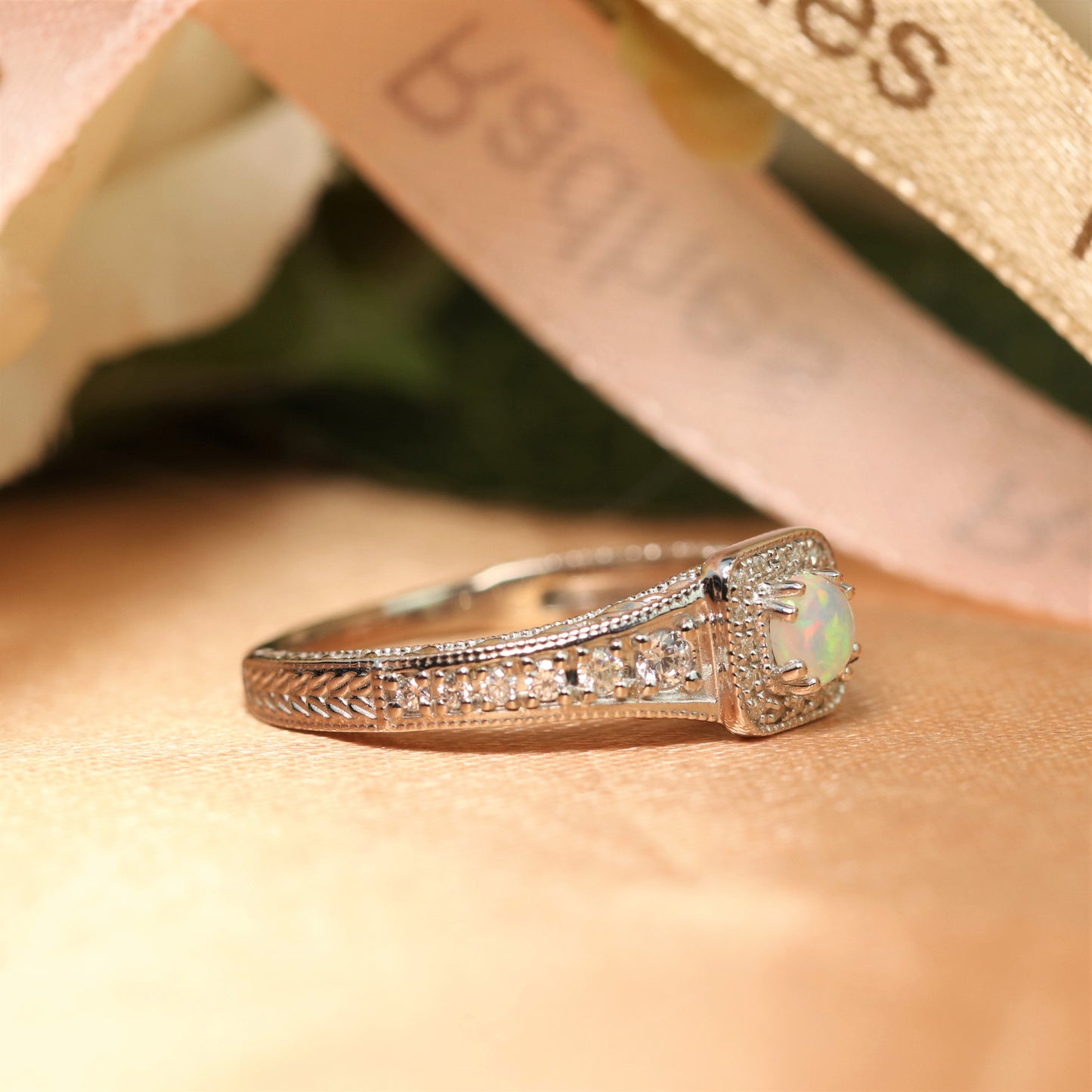 Antique 1.3 Carat Round Cut Fire Opal and Diamond Milgrain Halo and Pave Engraved Engagement Ring for Women in White Gold