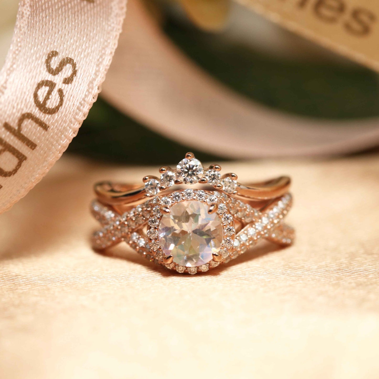 Art deco Vintage 1.5 carat Round cut Moonstone Wedding Bridal Ring Set in Rose Gold