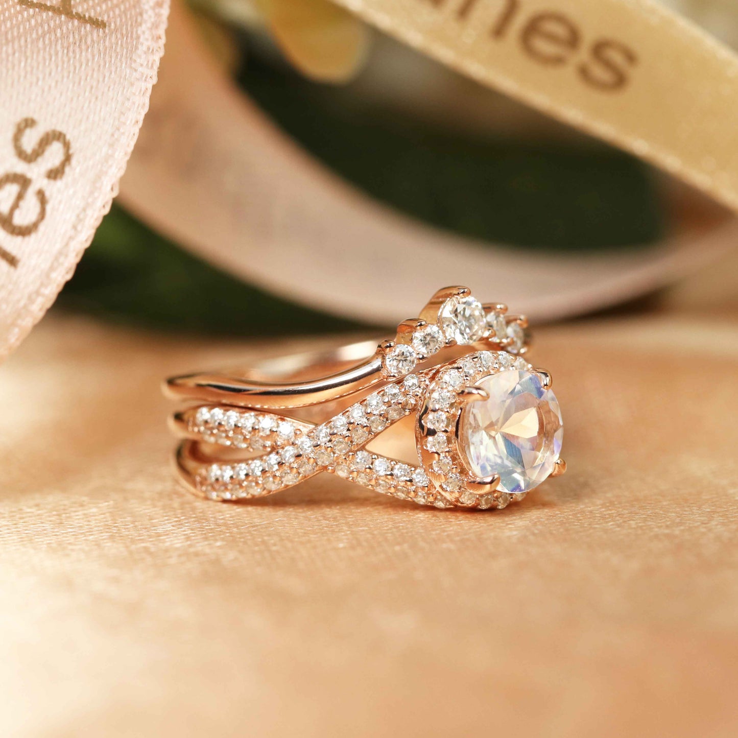 Art deco Vintage 1.5 carat Round cut Moonstone Wedding Bridal Ring Set in Rose Gold