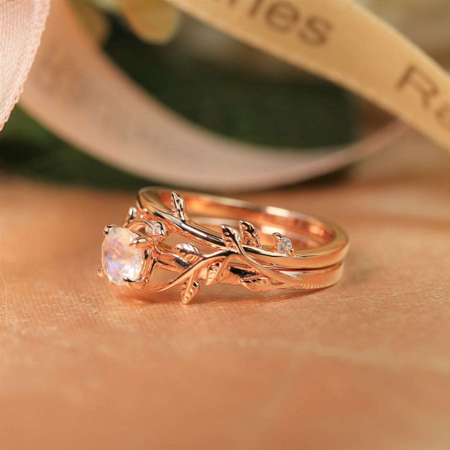 Leaf Design 1 carat Round cut rainbow Moonstone Diamond Wedding Set with Matching Wedding Ring Band, Rose Gold