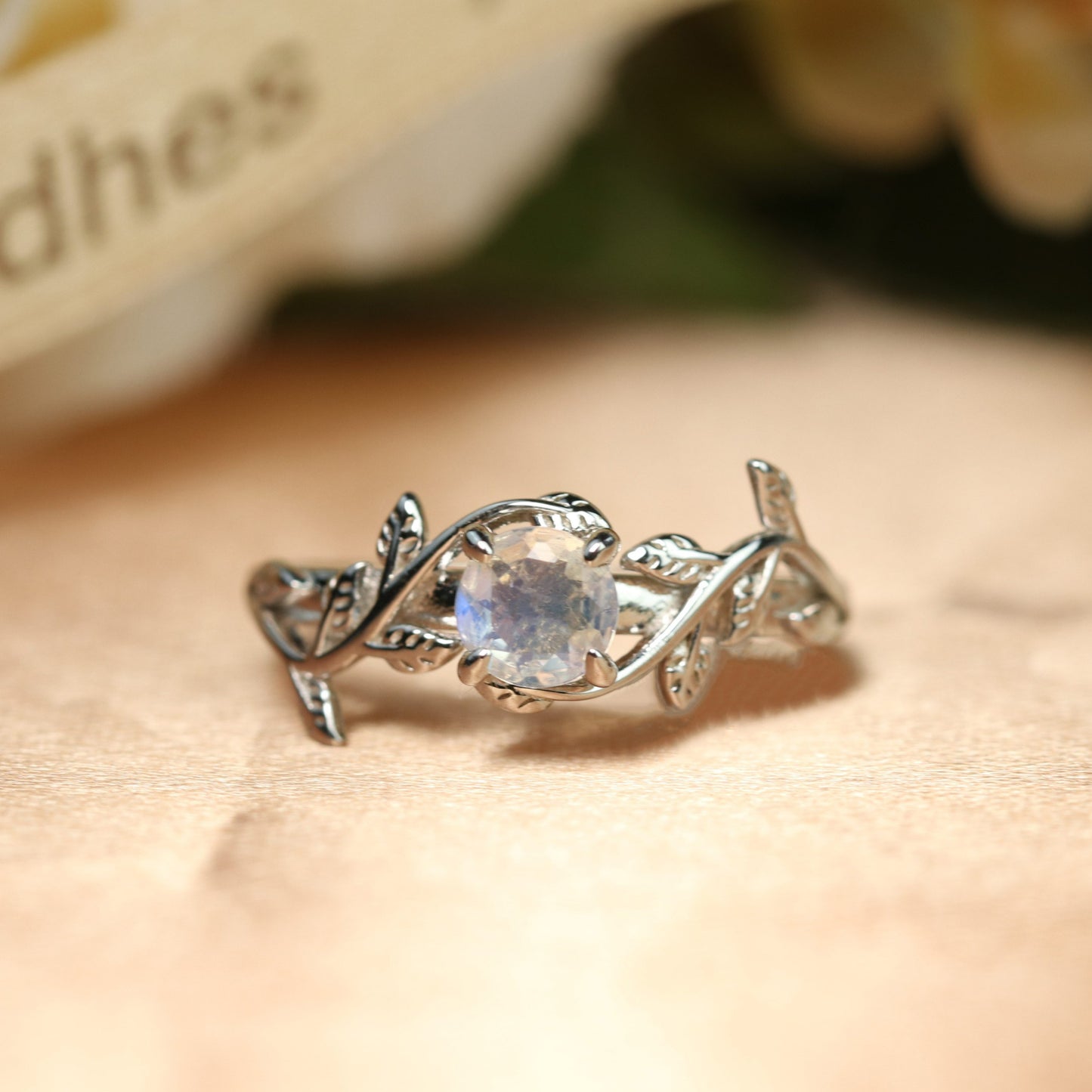 Leaf Design 1 carat Round cut Rainbow Moonstone solitaire Engagement Ring in Gold