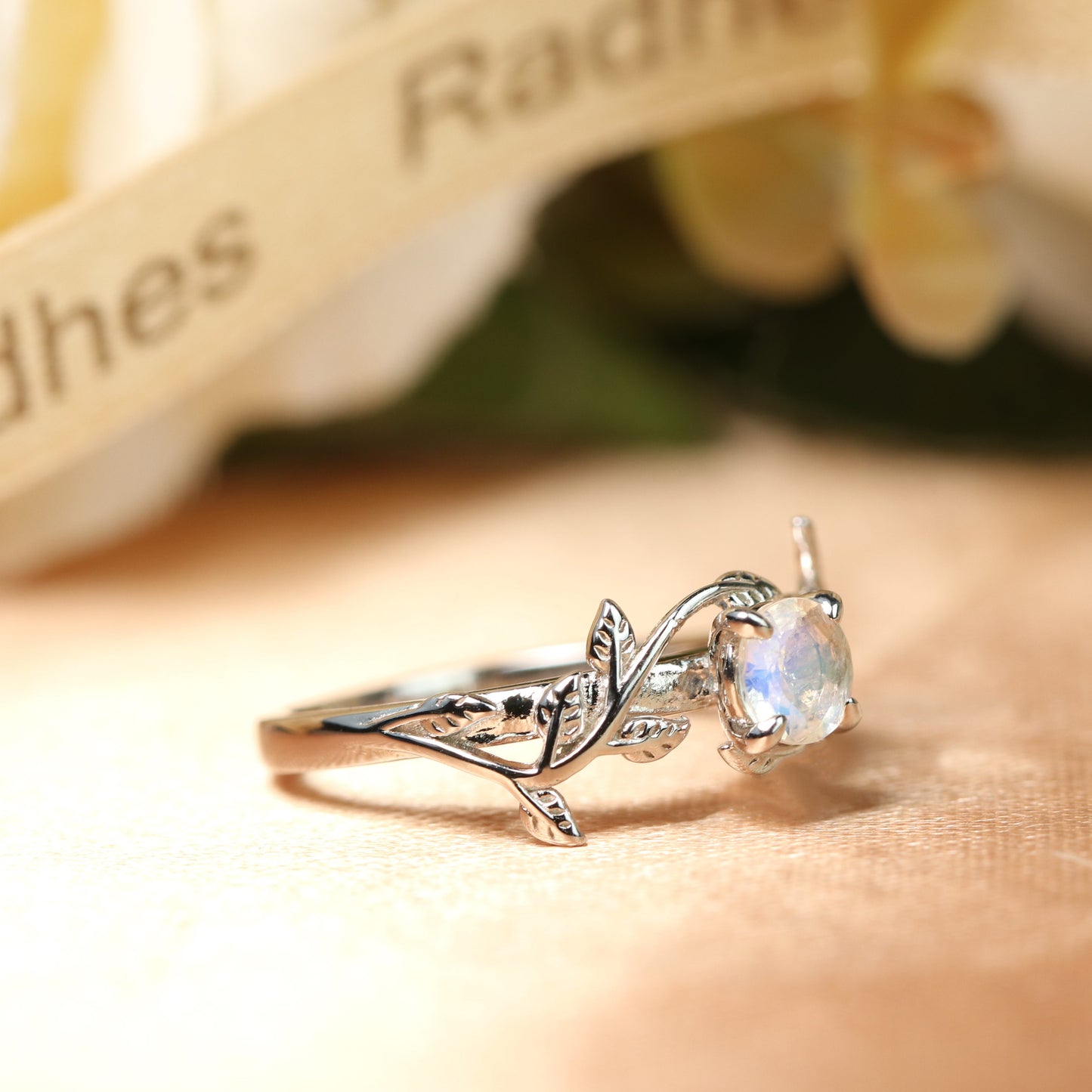 Leaf Design 1 carat Round cut Rainbow Moonstone solitaire Engagement Ring in Gold