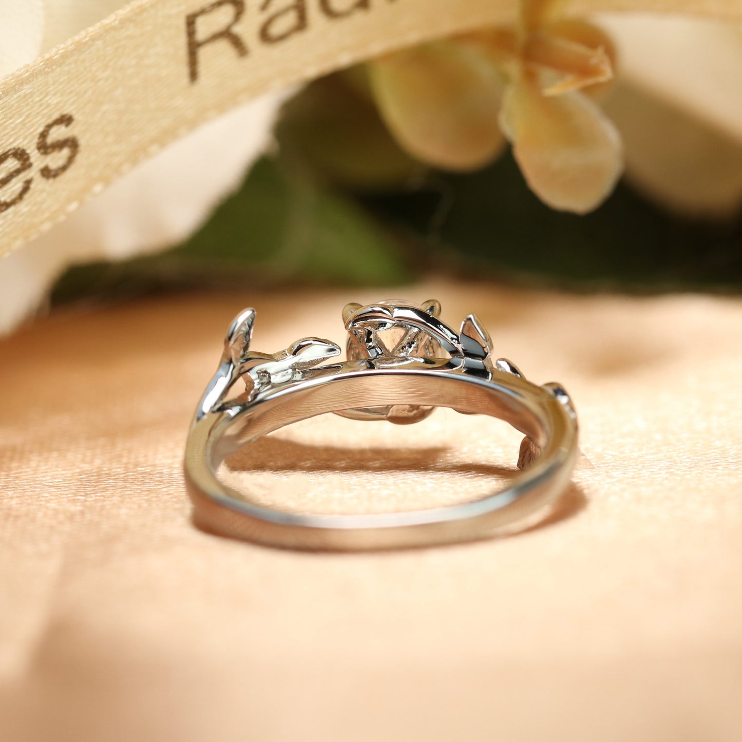 Leaf Design 1 carat Round cut Rainbow Moonstone solitaire Engagement Ring in Gold