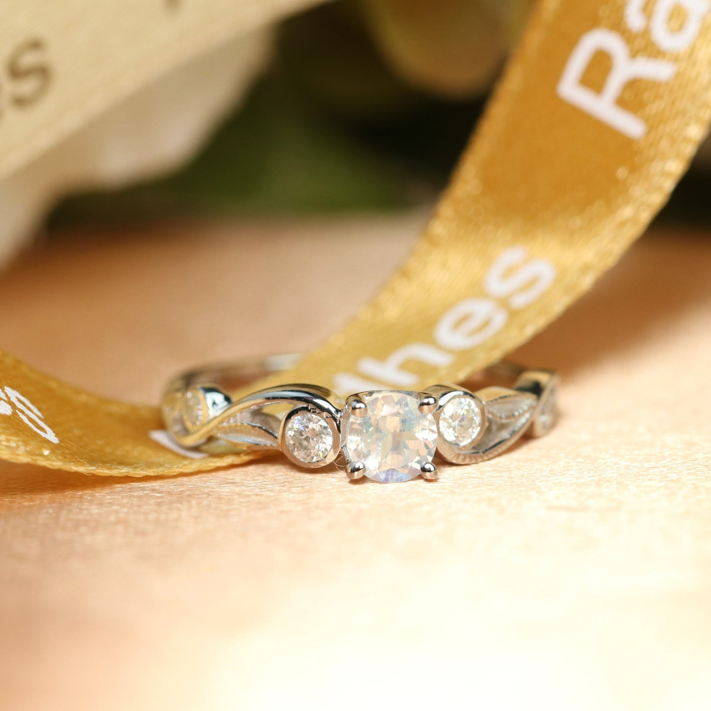 Leaf Design 1.1 carat Round Cut Rainbow Moonstone Nature-inspired Ring in Gold