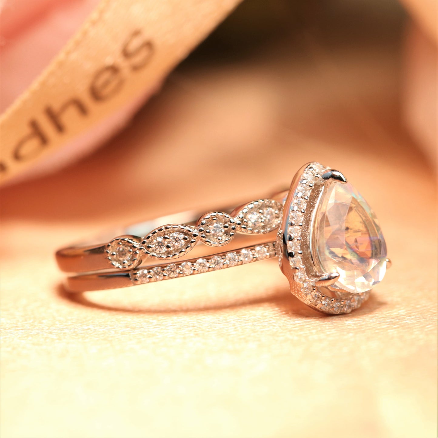 Perfect 1.65 carat Rainbow Moonstone Tear Drop Wedding Ring Set with Matching Eternity Wedding Ring Band in White Gold