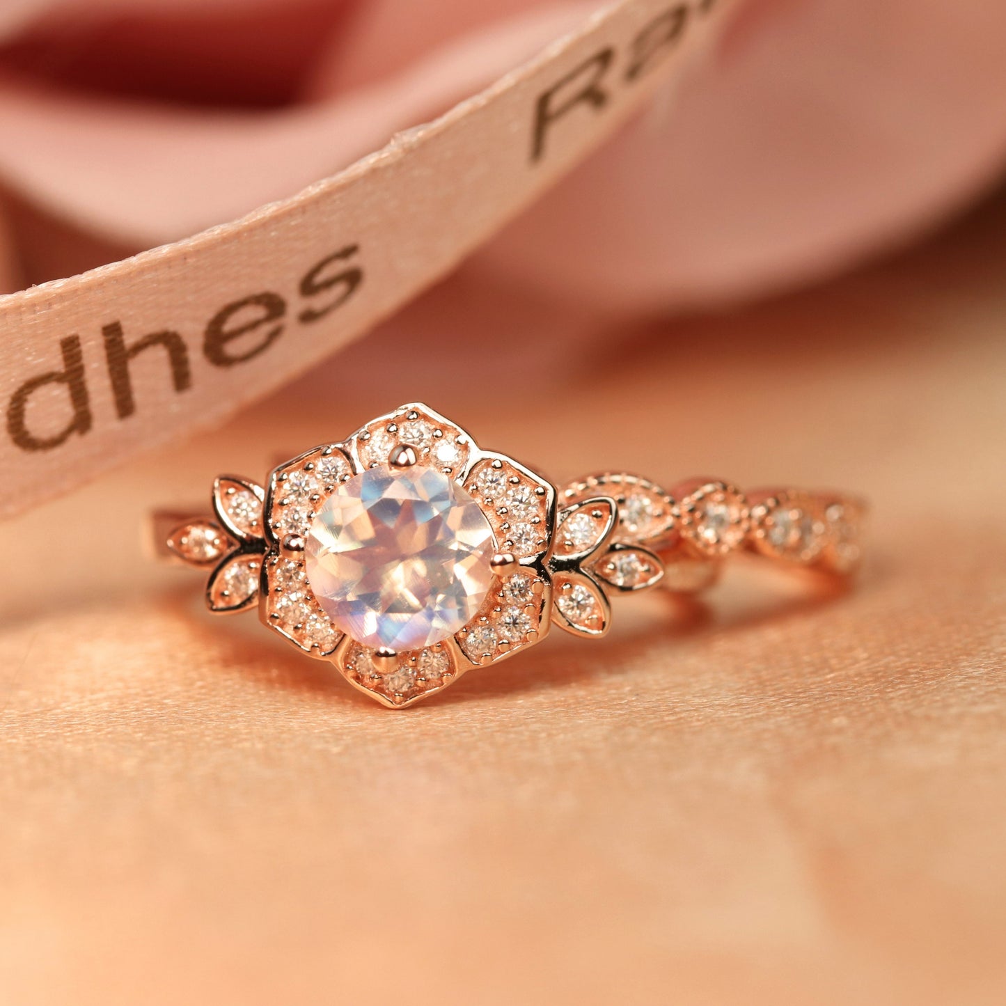 1.45 carat Flower Leaf Design Rainbow Moonstone Bridal Wedding Ring Set with Diamond on Rose Gold