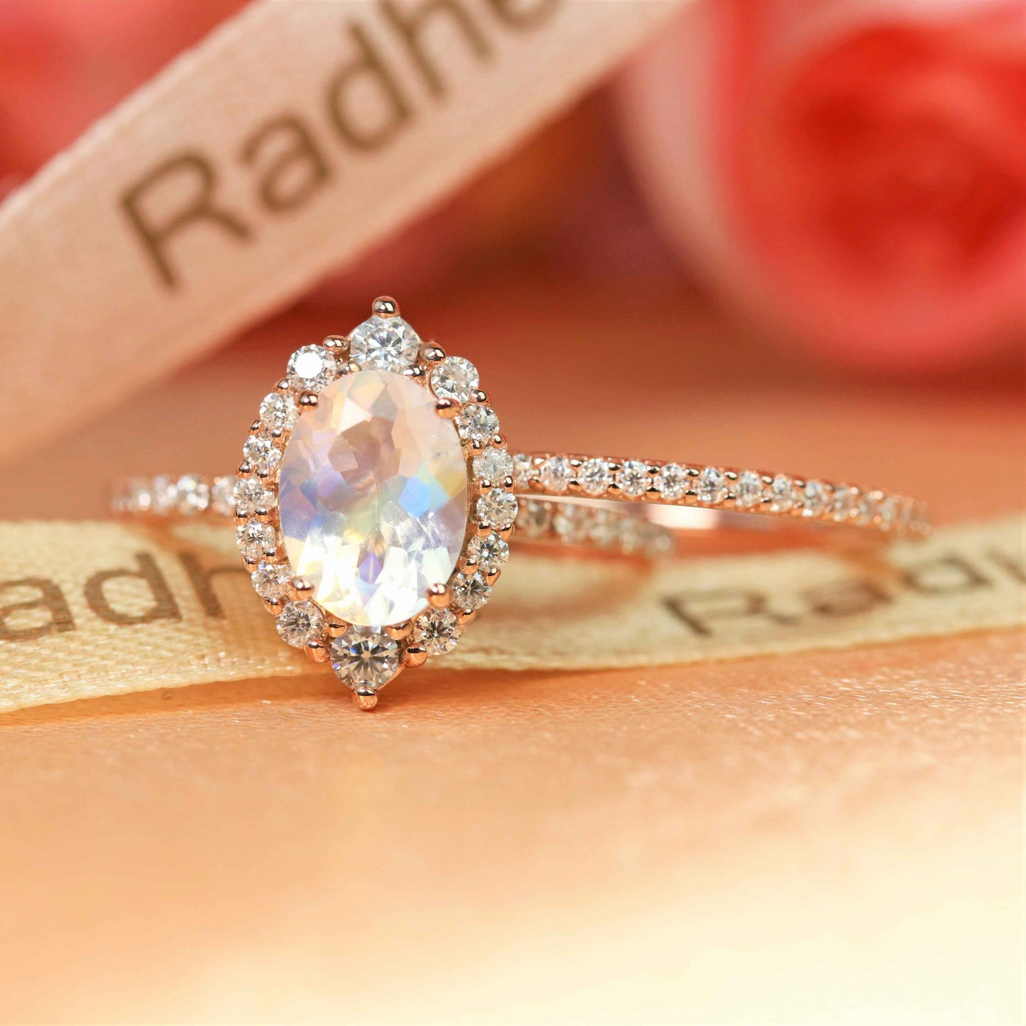 Flower Shape Halo 1.75 carat Oval Cut Rainbow Moonstone Wedding Set, Matching Wedding Ring Band