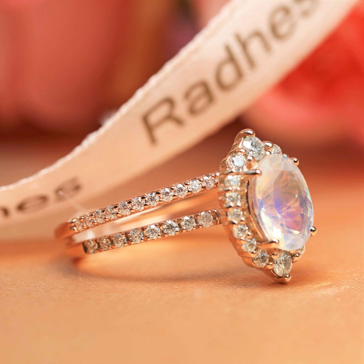 Flower Shape Halo 1.75 carat Oval Cut Rainbow Moonstone Wedding Set, Matching Wedding Ring Band