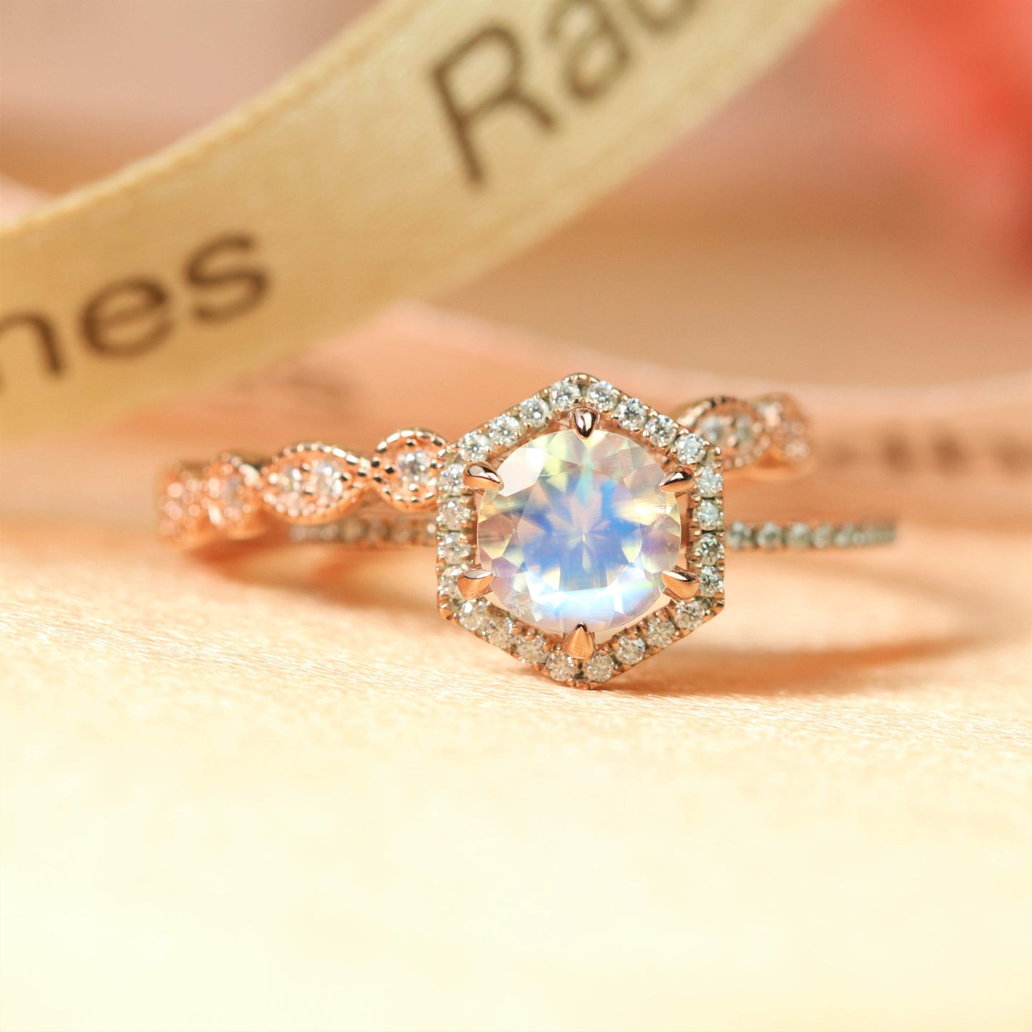 Hexagon Halo 1.65 carat Round Cut Rainbow Moonstone Wedding Set, Matching Milgrain Wedding Ring Band