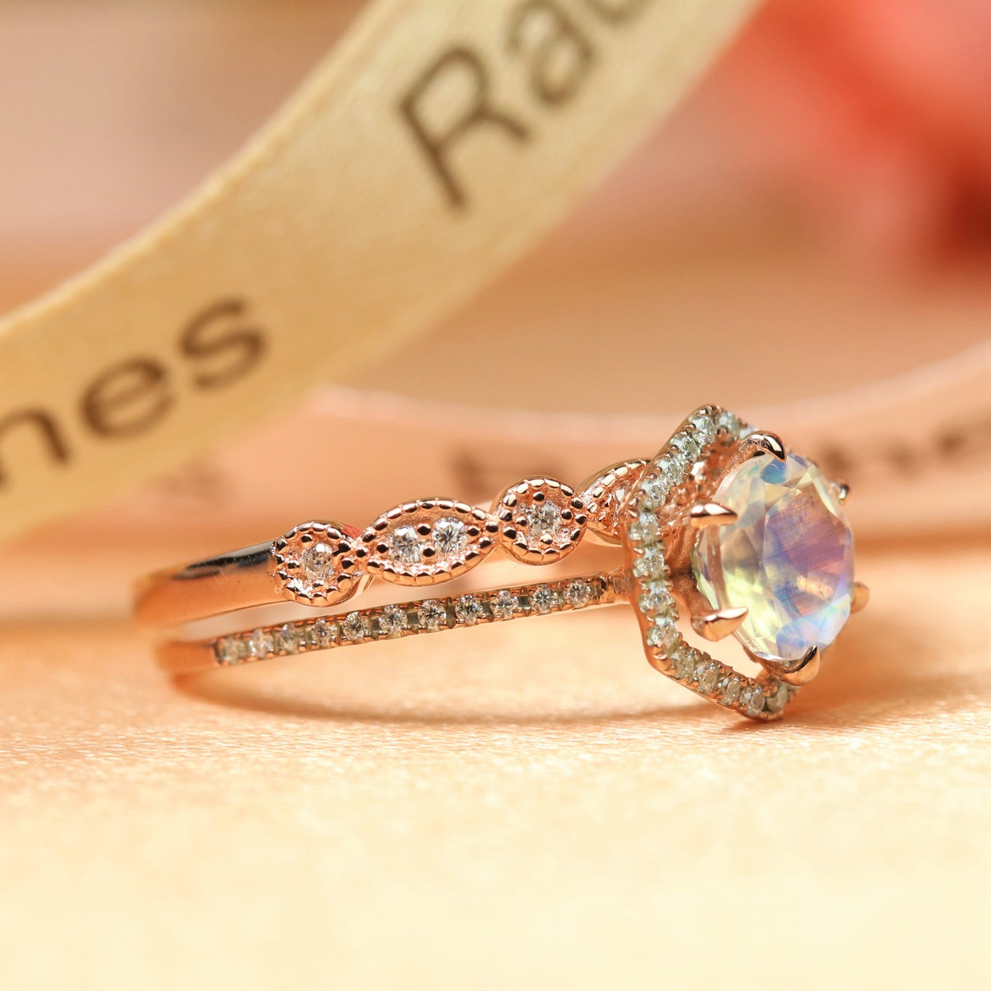 Hexagon Halo 1.65 carat Round Cut Rainbow Moonstone Wedding Set, Matching Milgrain Wedding Ring Band