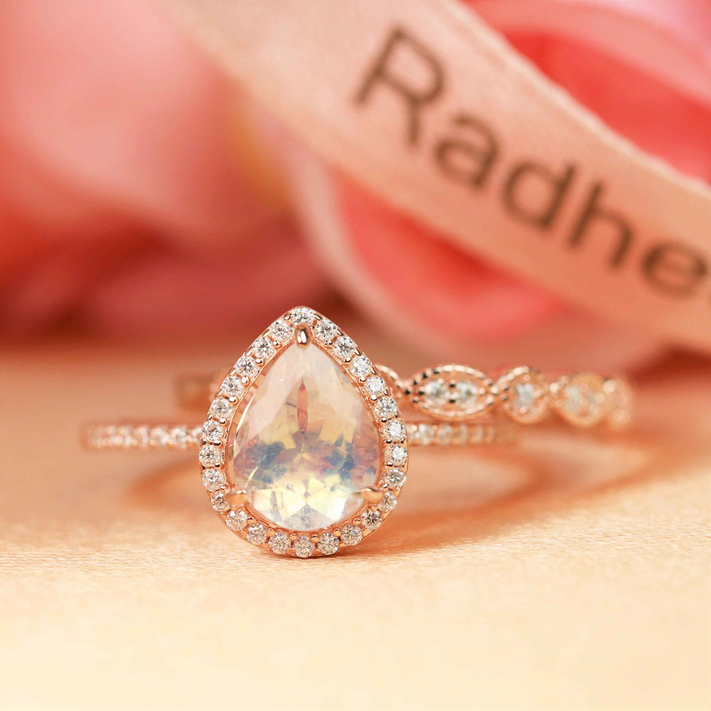 Sale 1.65 carat Pear Shape Rainbow Moonstone Wedding Ring Set with Diamond on Rose Gold