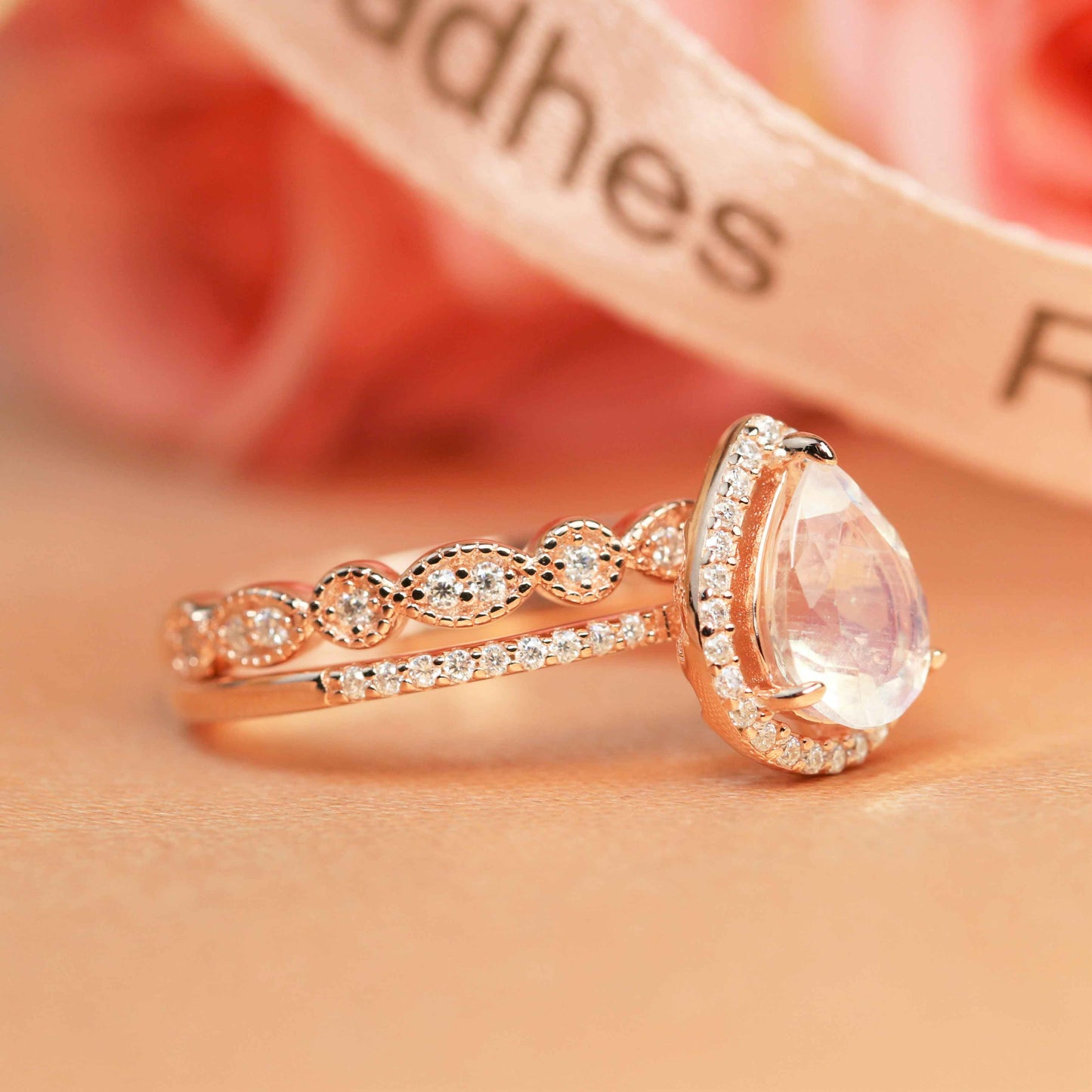 Sale 1.65 carat Pear Shape Rainbow Moonstone Wedding Ring Set with Diamond on Rose Gold