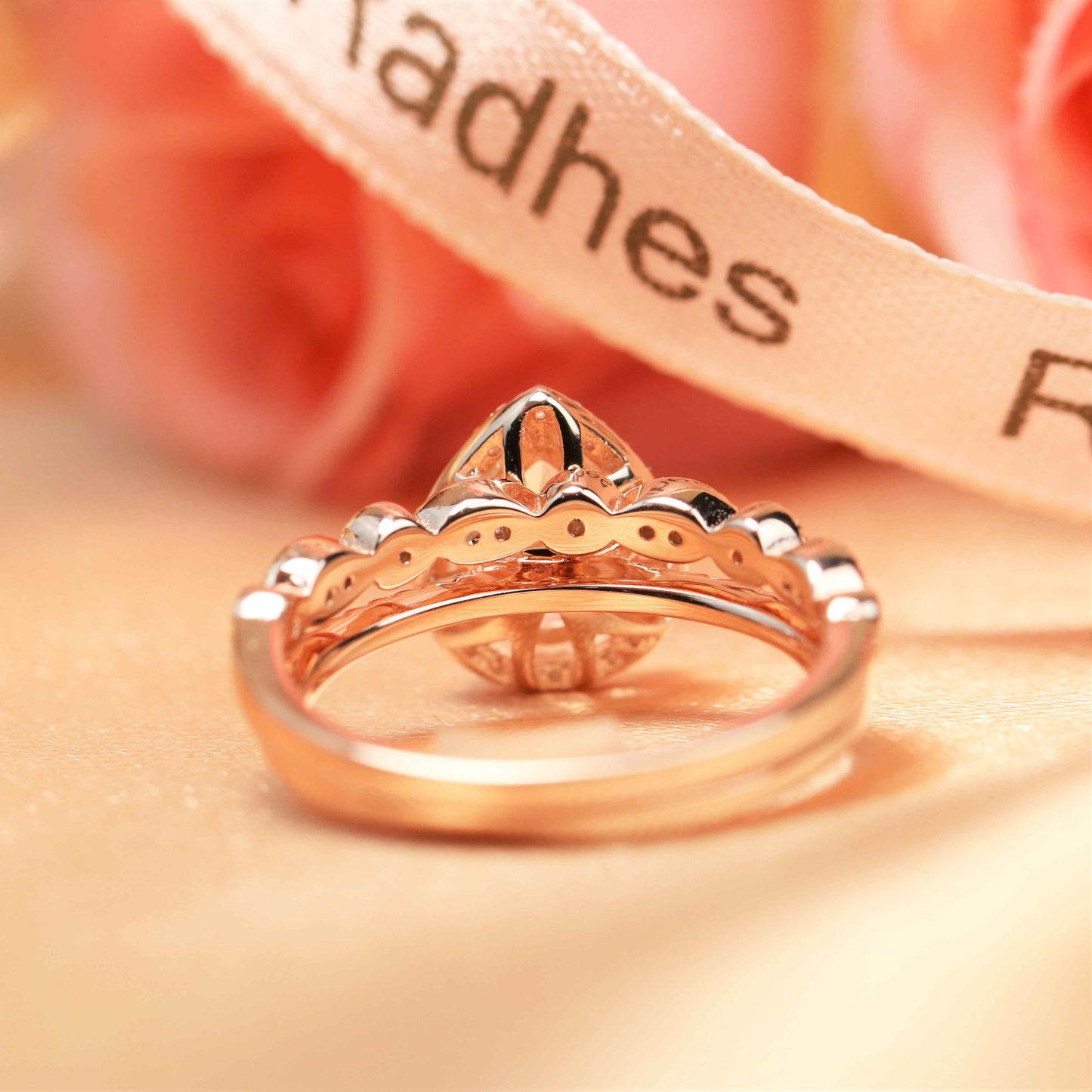 Sale 1.65 carat Pear Shape Rainbow Moonstone Wedding Ring Set with Diamond on Rose Gold