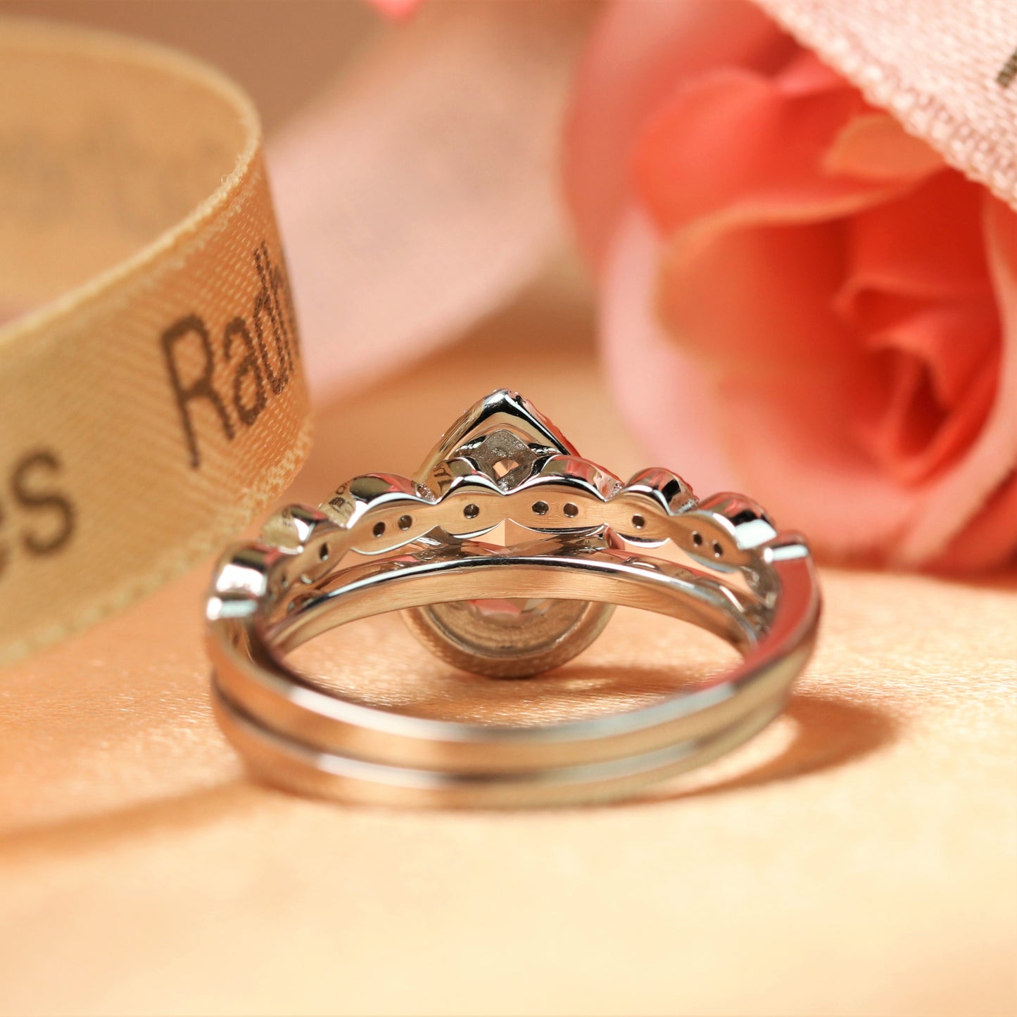 Antique Halo 1.45 carat Tear Drop Cut Rainbow Moonstone and Diamond Halo Bridal Wedding Set in Gold