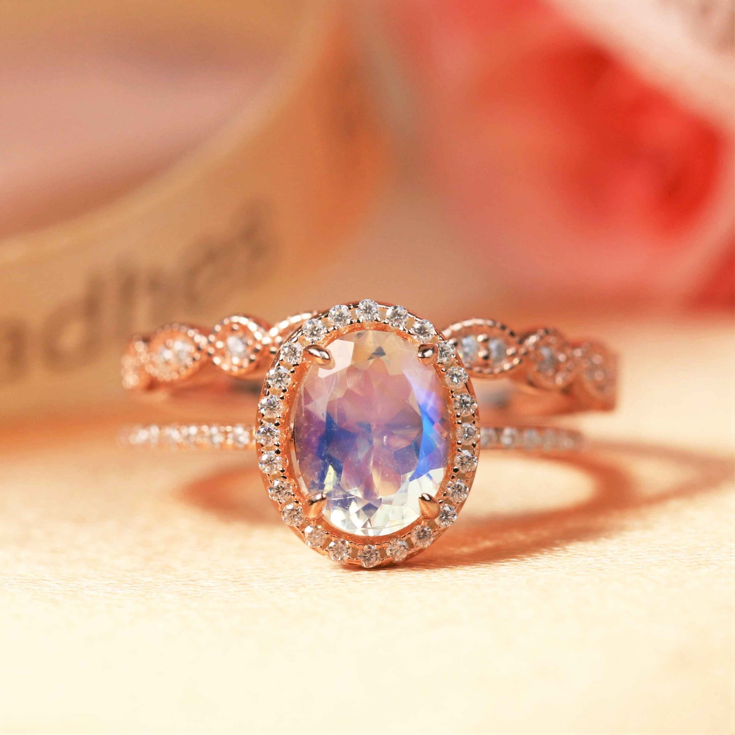 Antique 1.75 carat oval cut moonstone Wedding Bridal Ring Set with art deco Diamond Wedding Band