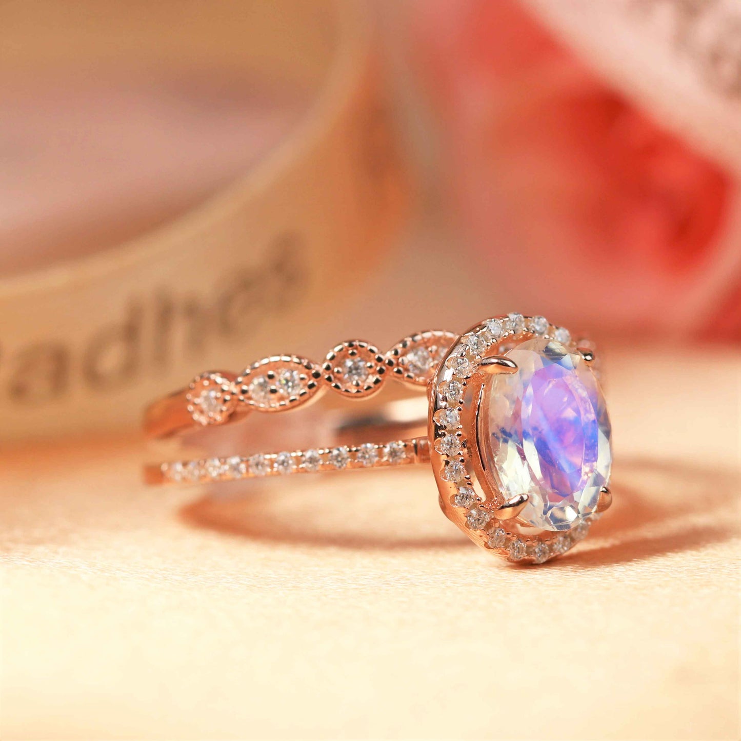 Antique 1.75 carat oval cut moonstone Wedding Bridal Ring Set with art deco Diamond Wedding Band