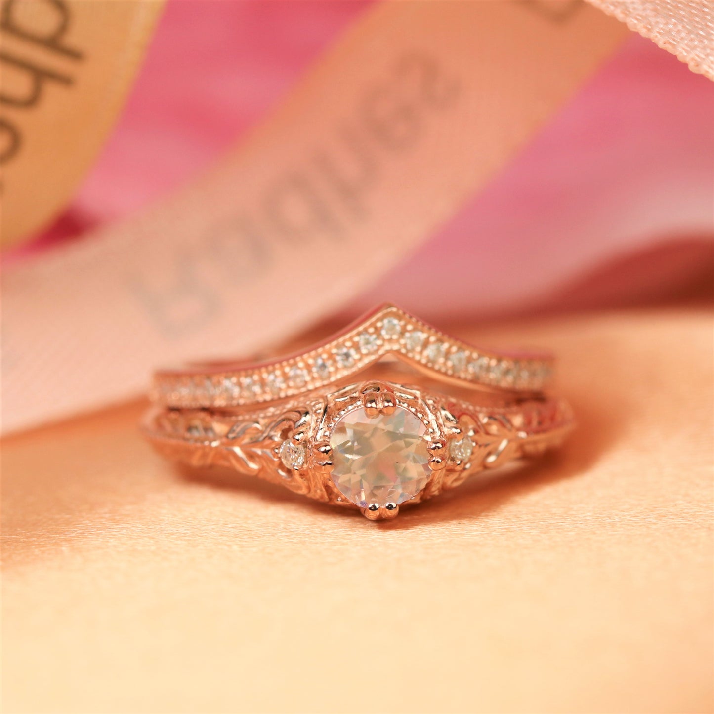 1.45 carat Round cut rainbow Moonstone Halo Wedding Ring Set with Diamond, Chevron Wedding Ring Band
